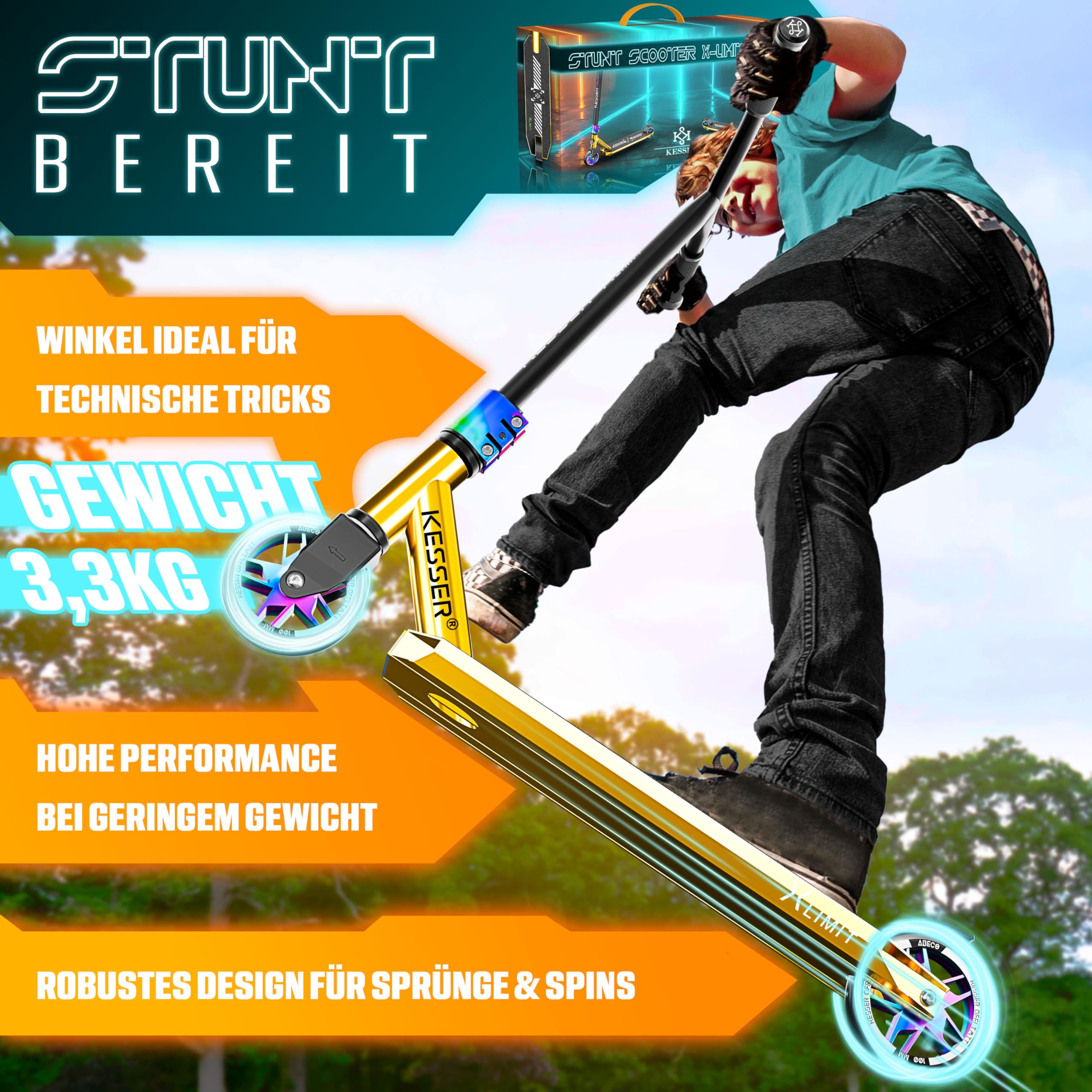 KESSER® Patinete acrobático X-Limit-Pro, Funscooter con dirección de 360Ḟ, Patinete acrobático con Soporte, rodamientos de Bolas ABEC 9, Ruedas de PU de 110 mm, Patinete Scooter,
