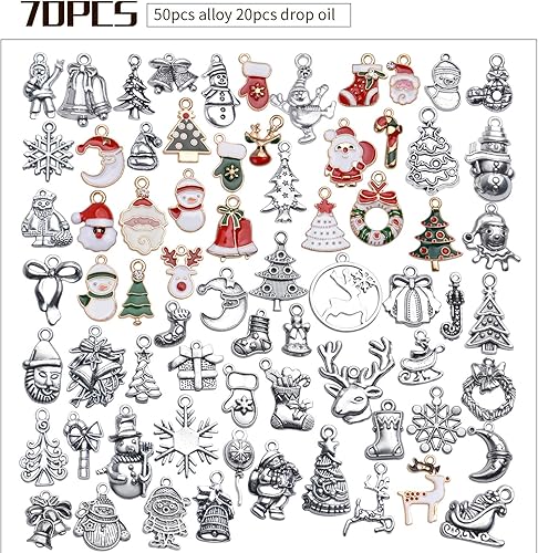 Miniatura 2 de 70 dijes de Navidad de aleación esmaltada, árbol de copo de nieve de Navidad, muñeco de nieve, media campana, ciervos, dijes para manualidades,