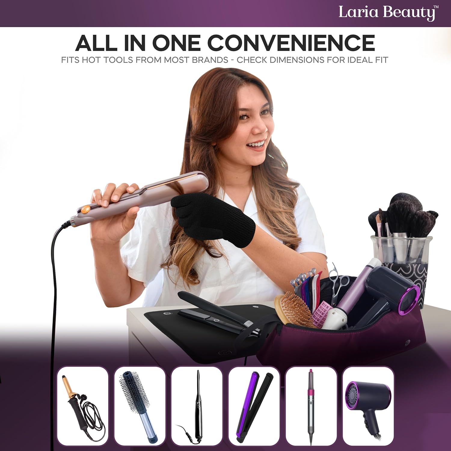 2-in-1 Hot Hair Tools Travel Bag, Removable Heat-Resistant Silicone Mat, Clear Pockets for Accessories, Protects Surfaces from Burns, Ideal for Curling & Flat Irons, Includes Heat-Resistant Glove