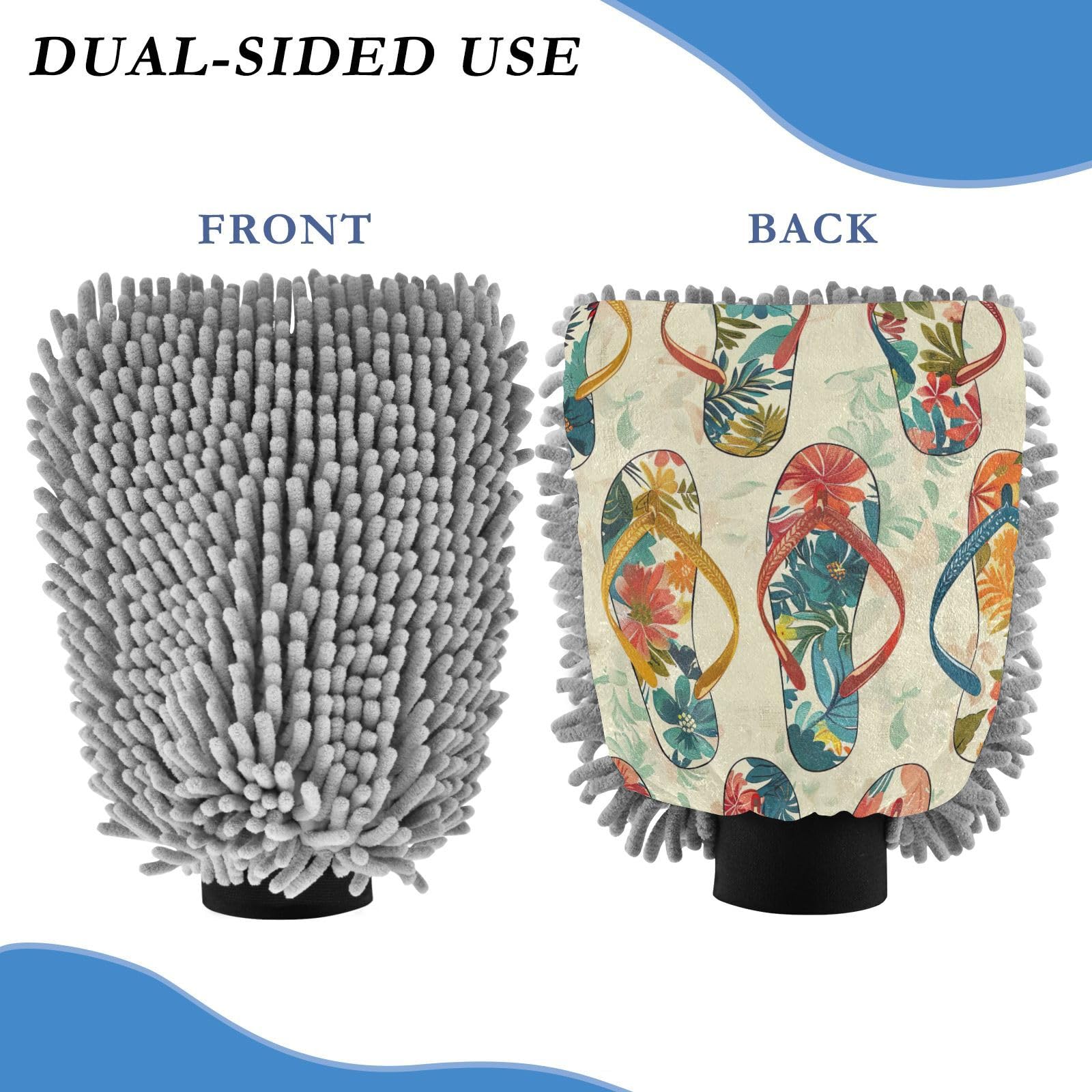 Kigai Hawaiian Style Slipper Pattern Car Wash Mitt Microfiber, 2Pcs Scratch Free Lint-Free, Premium Chenille Microfiber Mitt Car Wash Brush-M