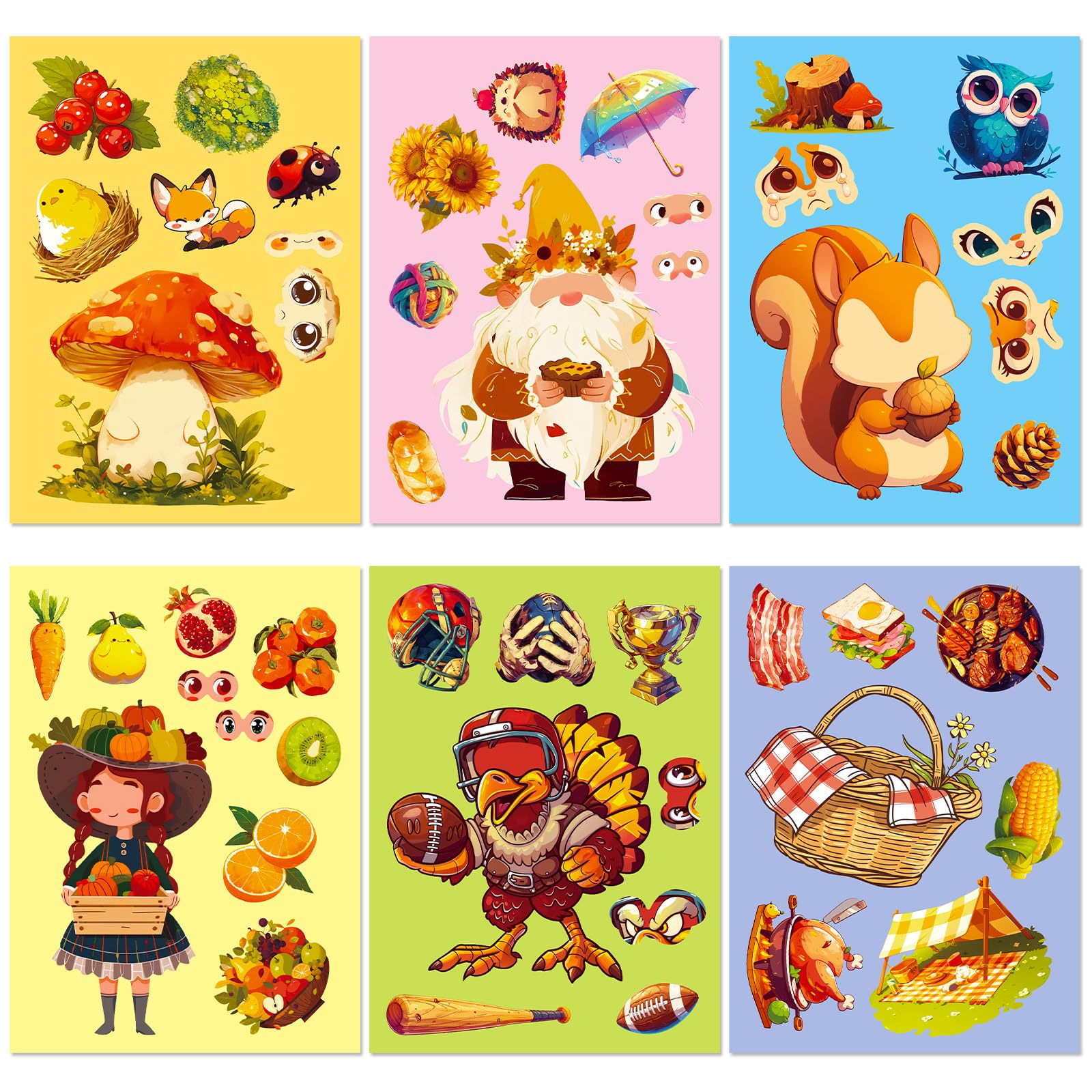 Set of 6 Q Style Thanksgiving Assembled Face Autumn Harvest Turkey Squirrel Family Interior Illustration Trend Stationery Everyday Useful Goods Holiday Party Eco Collection : Toys & Games