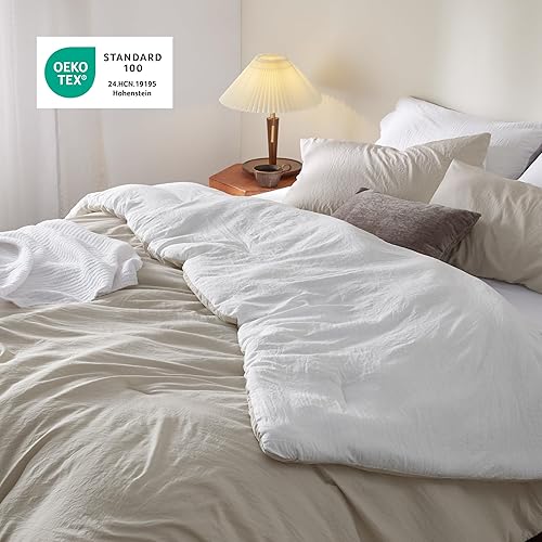 Miniatura 4 de Bedsure Juego de edredón de cama tamaño California King, edredón reversible beige y blanco prelavado para todas las estaciones, juego de cama cálido