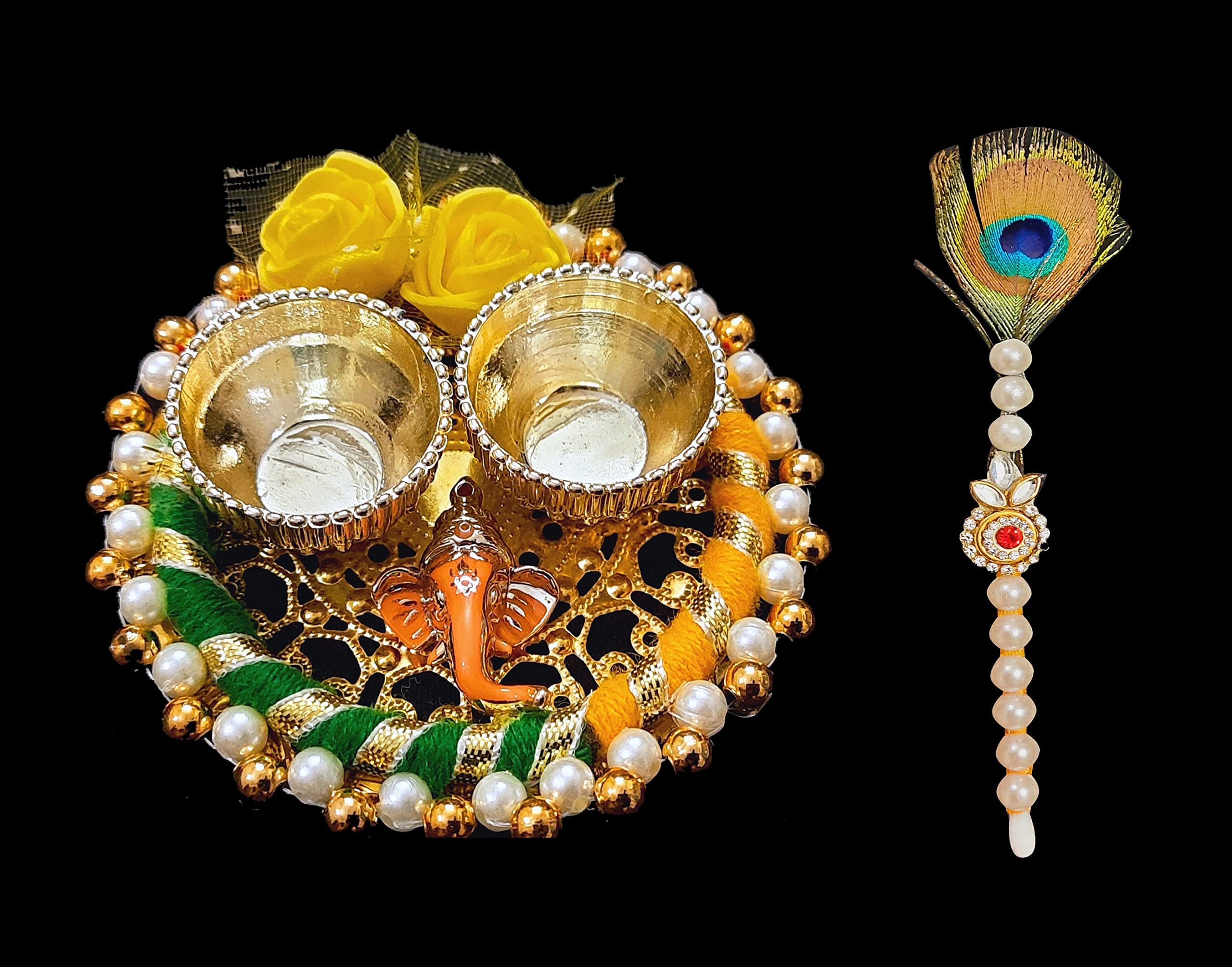 SAARTHI Rajasthani Decorative Handmade Traditional Multicolour Attractive Multipurpose Beaded Pooja Thali with Tilak Stick for Rakhi / Diwali/Bhaidooj/Janmashtami|Pooja Thali Set| Rakhi Platter | Engagement Ring Platter | Rakshabandhan Puja Accessories| Thali Set for Temple | Tilak | Chopra| Aarti Thali| Temple Decoration Items - (Multicolor-6)