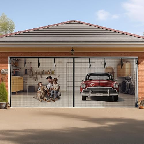 Vista 12 de LOOBANI Puerta mosquitera de garaje de 8 x 7 pies: resistente cierre magnético para puerta de garaje 1 coche, pantalla de red retráctil enrollable