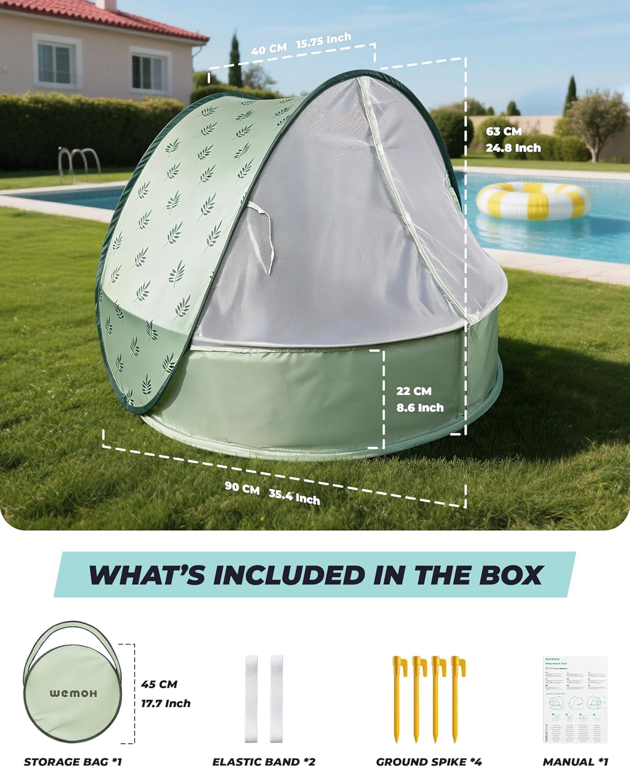 Baby Beach Tent with Pool, 3-in-1 Upgrade Pop Up UPF 50+ Sun Protection Shelter with Mosquito Net Babies Toddlers Portable Outdoor Summer Essentials for Beach, Backyard, Indoor- Green Leaves