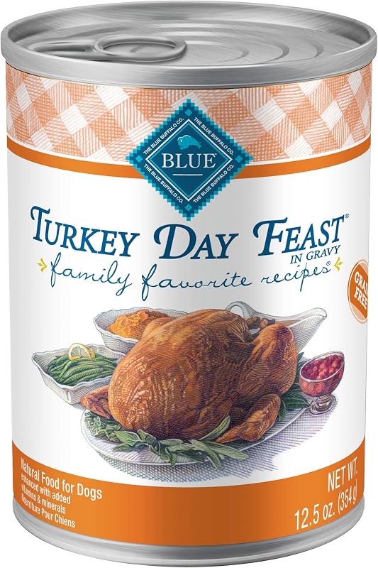 Ração úmida para cães adultos Blue Buffalo Family Favorites Turkey Day Feast com peru ao molho, Pacote com 12 latas de 354 g