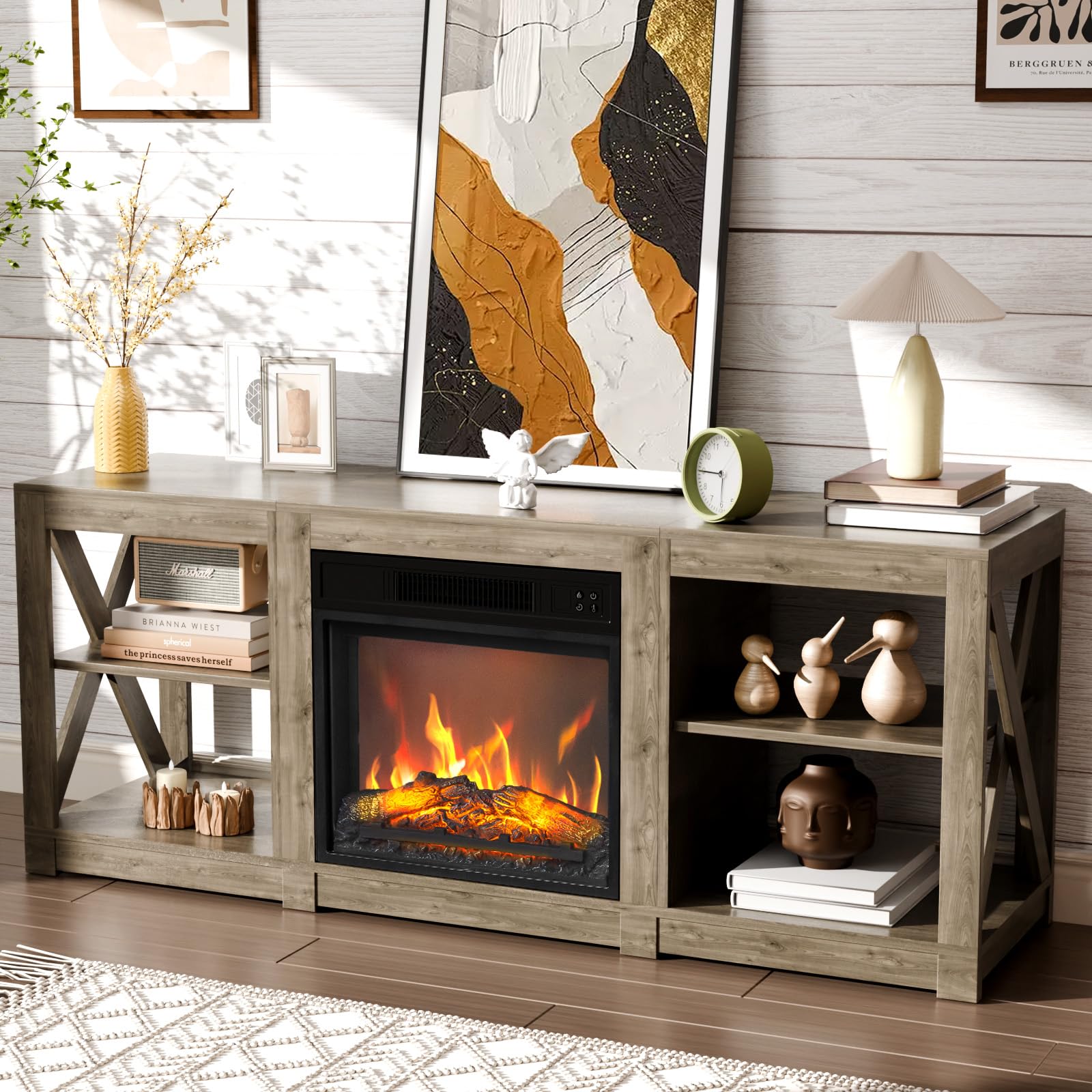 Bonnlo Fireplace TV Unit, TV Stand with Built in Electric Fireplce, Electric Fire and Surround with Remote Control, Overheat Protection, Realistic Flame Effect Heater, Entertainment Center for 70" TV