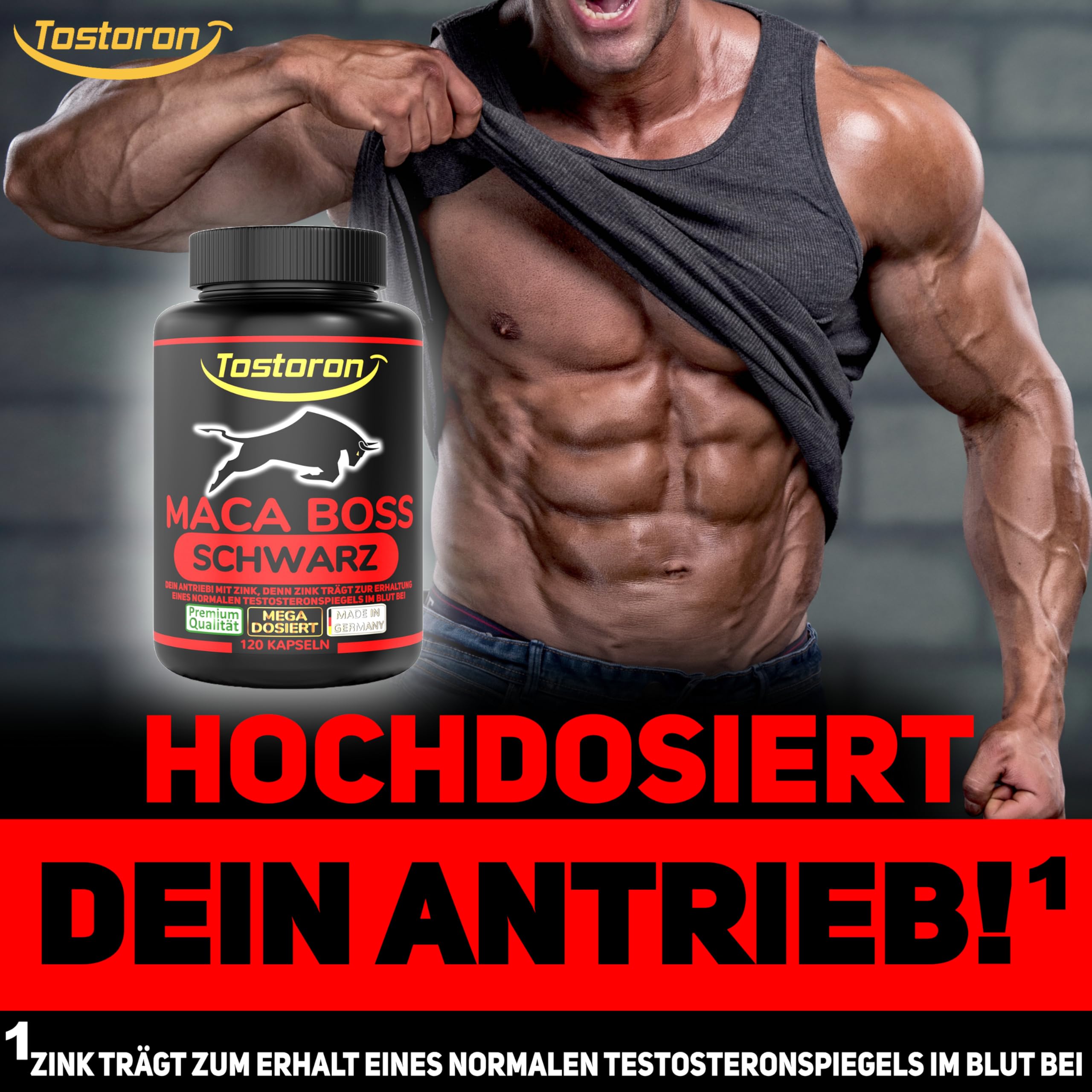 Tostoron MACA 6000 SCHWARZ HOCHDOSIERT 120 Kapseln, Tribulus, Cordyceps, Ginseng, Ginkgo, Pinienrinde, Vitamin C, Selen, Zink, 1 Dose (1x95,9g)