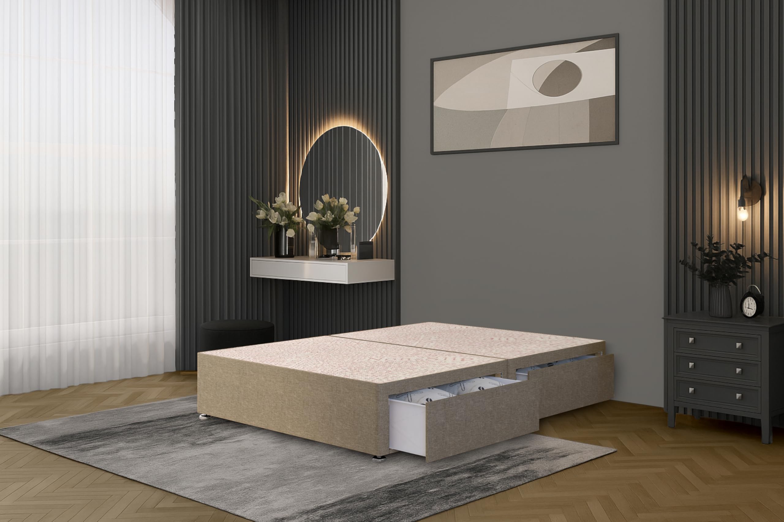 Bed Centre Flexby Divan Bed Base Only with 2 Drawers (Same Side), No Headboard - Available in 3FT, 4FT, 5FT & 6FT (4FT Small Double, Linen Wheat Fabric) — image 1