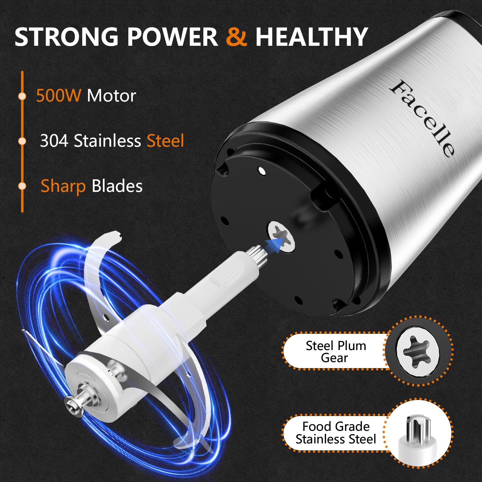 Picadora Electrica, Facelle Trituradora de Alimentos de 2L Picadora de Carne Eléctrica de 500 W con Recipiente de 4 Cuchillas Afiladas Para Carne, Verduras, Frutas, Frutos Secos y Alimentos Para Bebés