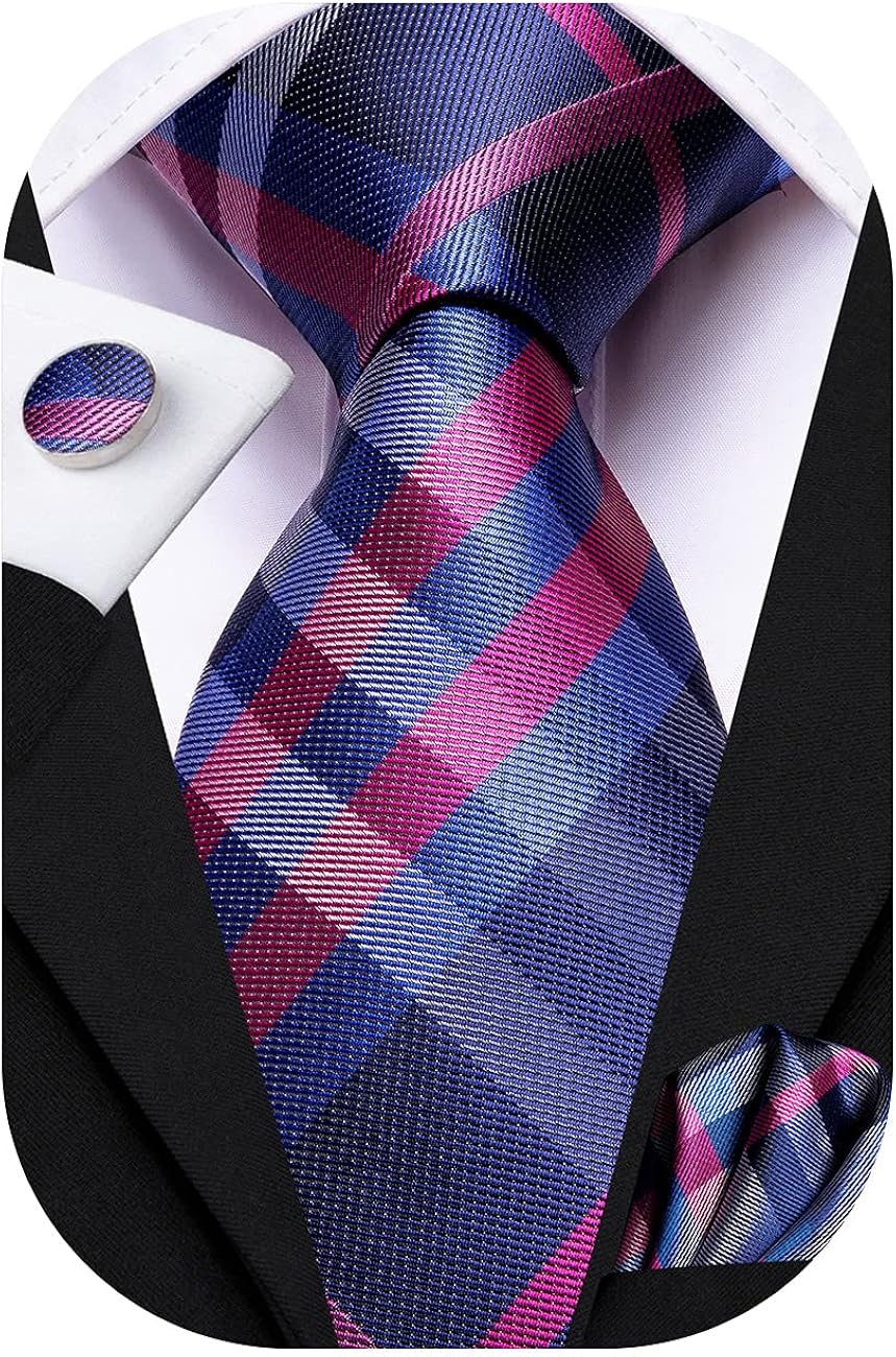 Hi-Tie Mens Plaid Ties Classic Necktie with Handkerchief Cufflinks Set