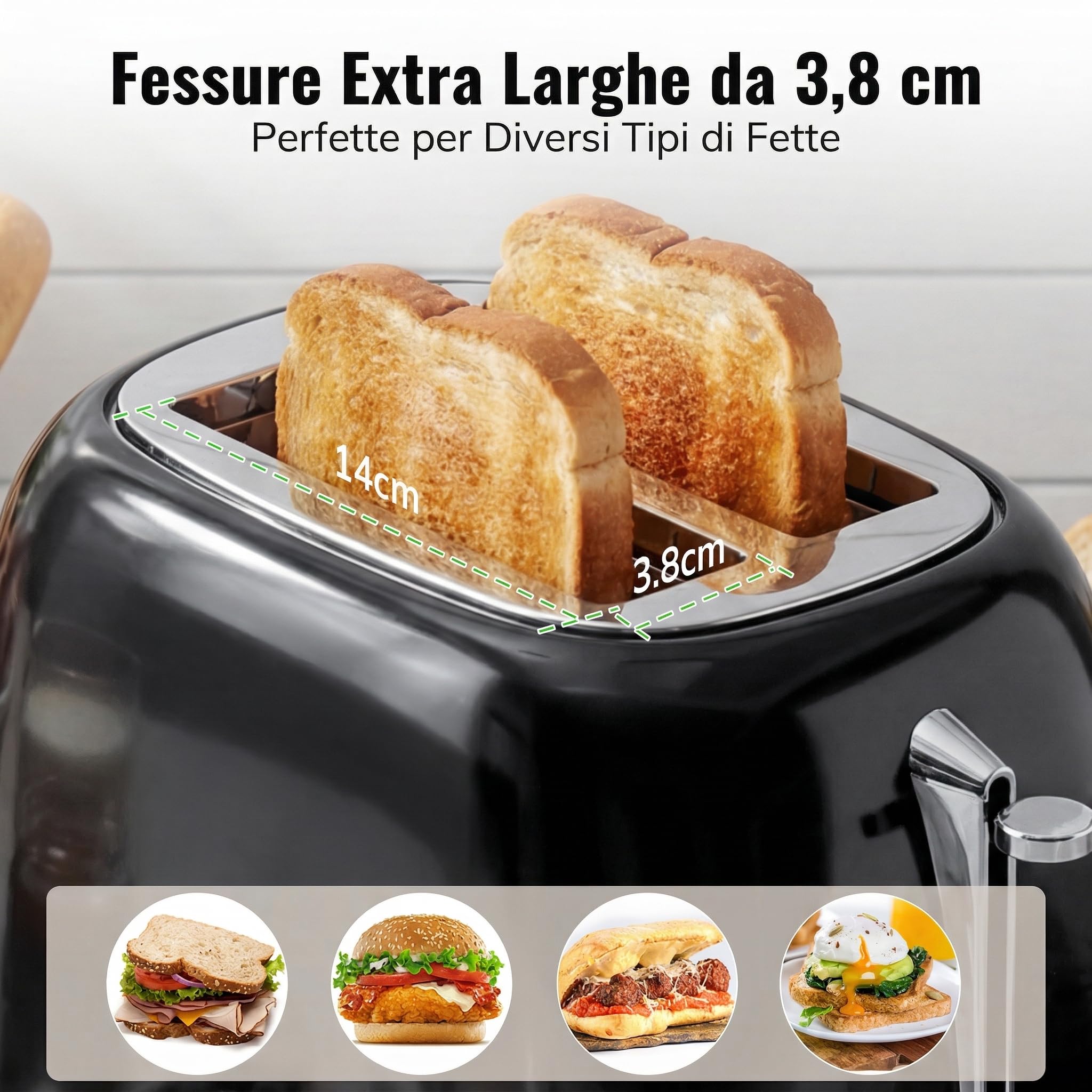 Keenstone Tostapane con pinze Retro a 2 fette, extra larghe in acciaio inox, 6 livelli di doratura, funzioni di riscaldamento e scongelamento; tostapane per toast farciti; Vassoio raccoglibriciole