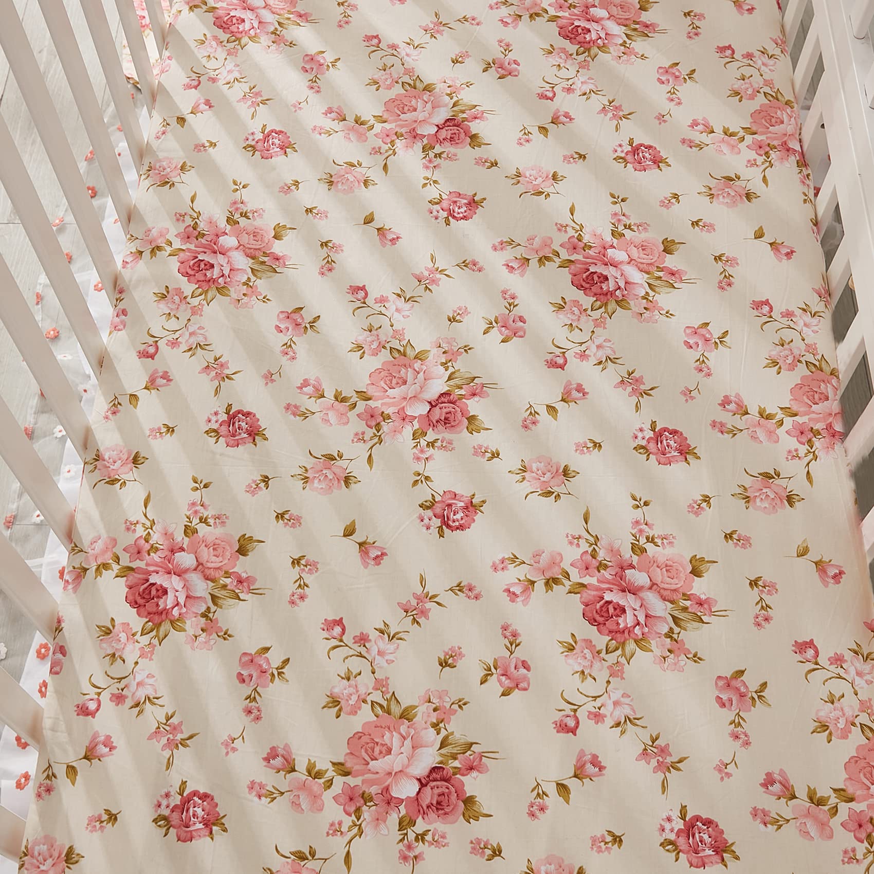 Brandream Juego de sábanas de cuna floral Shabby para niñas, juego de sábanas de algodón – 6 piezas, beige
