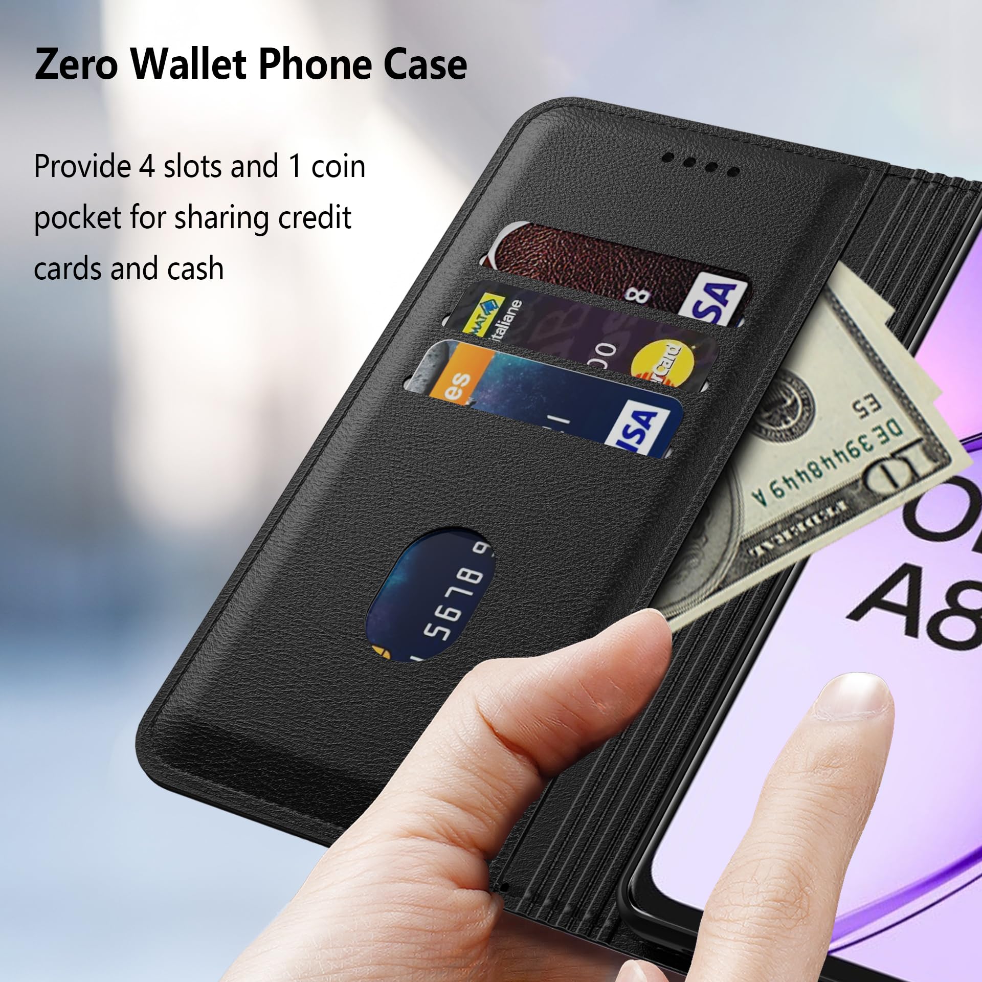 Aiziki Custodia per Oppo A80 5G +1 Vetro Temperato, Copertura Protettiva in Pelle PU Premium, Pieghevole, Aspirazione Magnetica, Prevenzione Delle Cadute, Carta Fessura - Nero