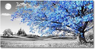 HYFBH Cuadros de pared Árbol azul Arte moderno en blanco y negro Paisaje Pintura Lienzo Pósters e impresiones Sala de estar Decoración para el hogar 65x130cm (26x51in)