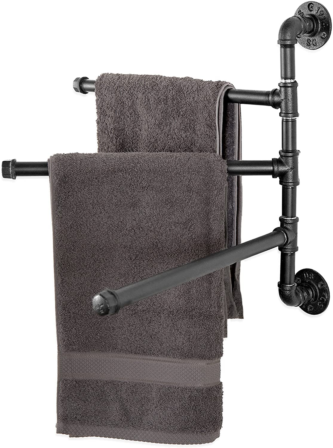 Wall Mounted Bathroom Towel Rack, Dark Coffee Metal Industrial Pipe Design Swivel 3 Bar Towel Rack,Black