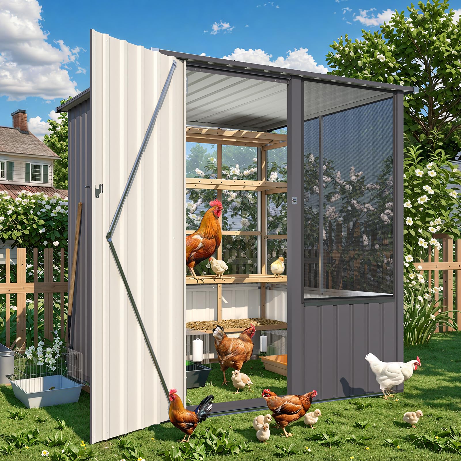 YODOLLA Großer Vogelvoliere außen, Metall Vogelkäfig für Finken, Grau | Wetterfeste Volieren-Erweiterungskomponente mit Beobachtungsfenster – für Garten, Balkon & Terrasse, 163x158x174cm
