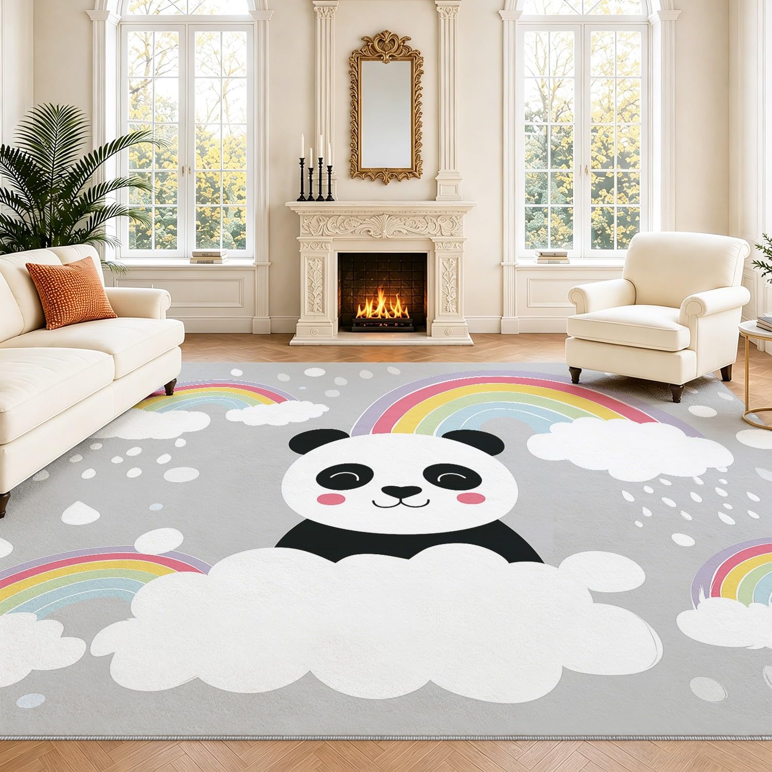 Generisch Tappeto lavabile per soggiorno, a pelo corto, antiscivolo, con simpatico panda e nuvole, per soggiorno, camera da letto, cameretta dei bambini, 60 x 120 cm, grigio