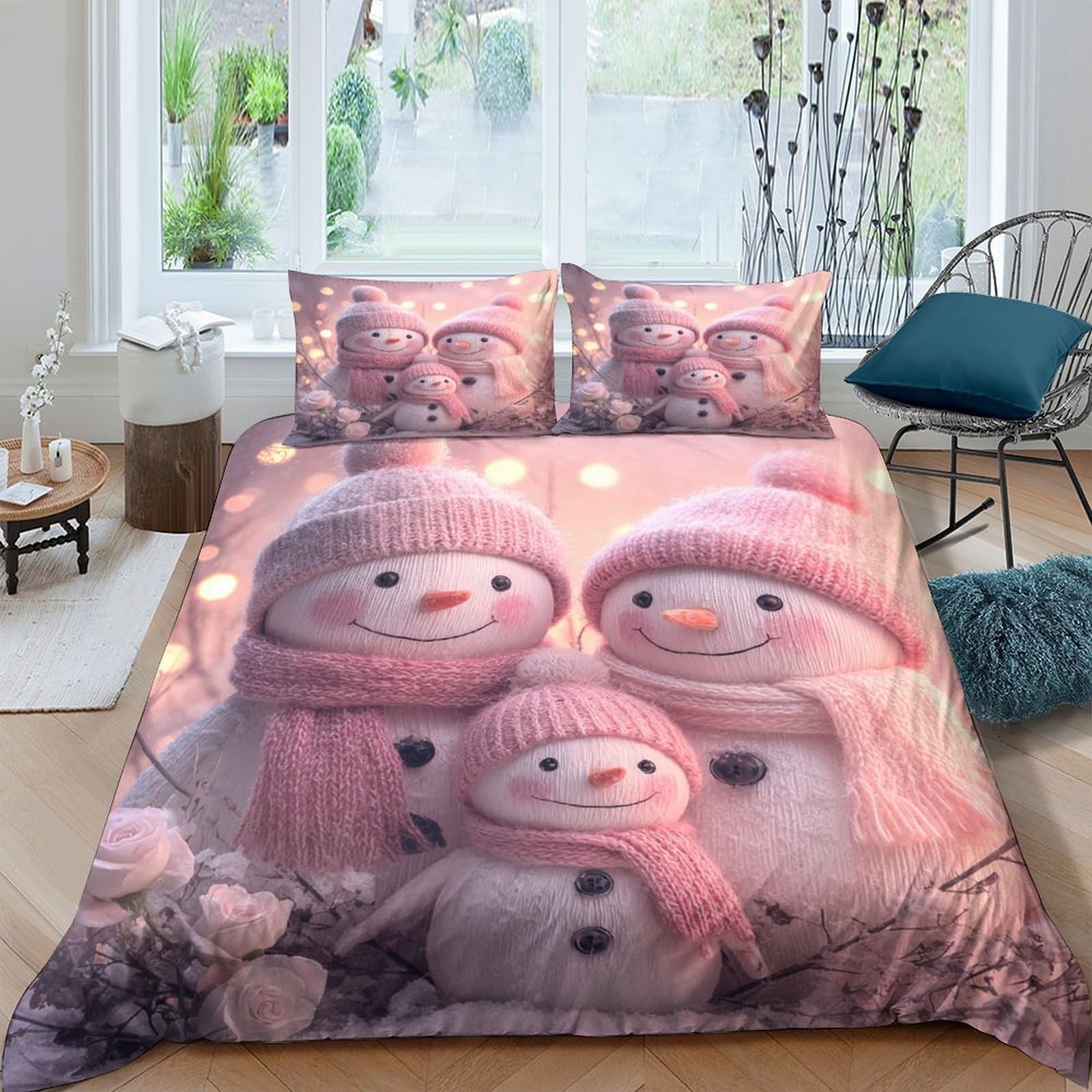 Ctjqhvkz Style-4 3D Printed Pink Snowman Fitted Sheet Microfiber Soft Non-Slip Winter Family Bed Cover For Bedroom Dorm Easy Care Single（135X200cm）