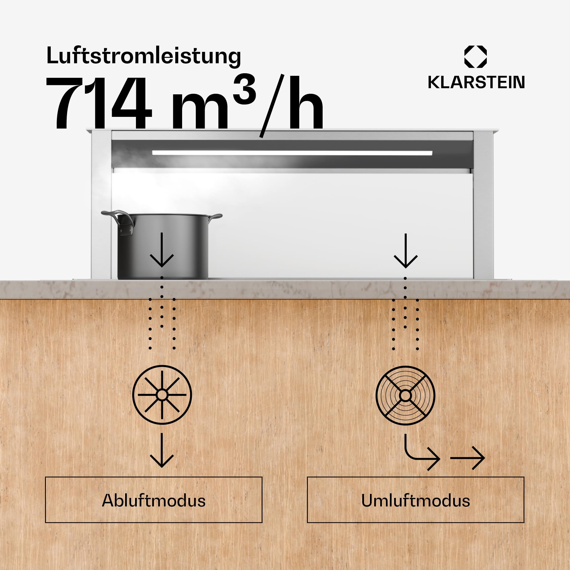 Klarstein Royal Flush Eco Downdraft Dunstabzugshaube - A++ Energieeffizient, 720 m³/h Abluft, Touch-Bedienfeld, LED-Beleuchtung, Edelstahl & Glas, 52 dB Geräuschpegel