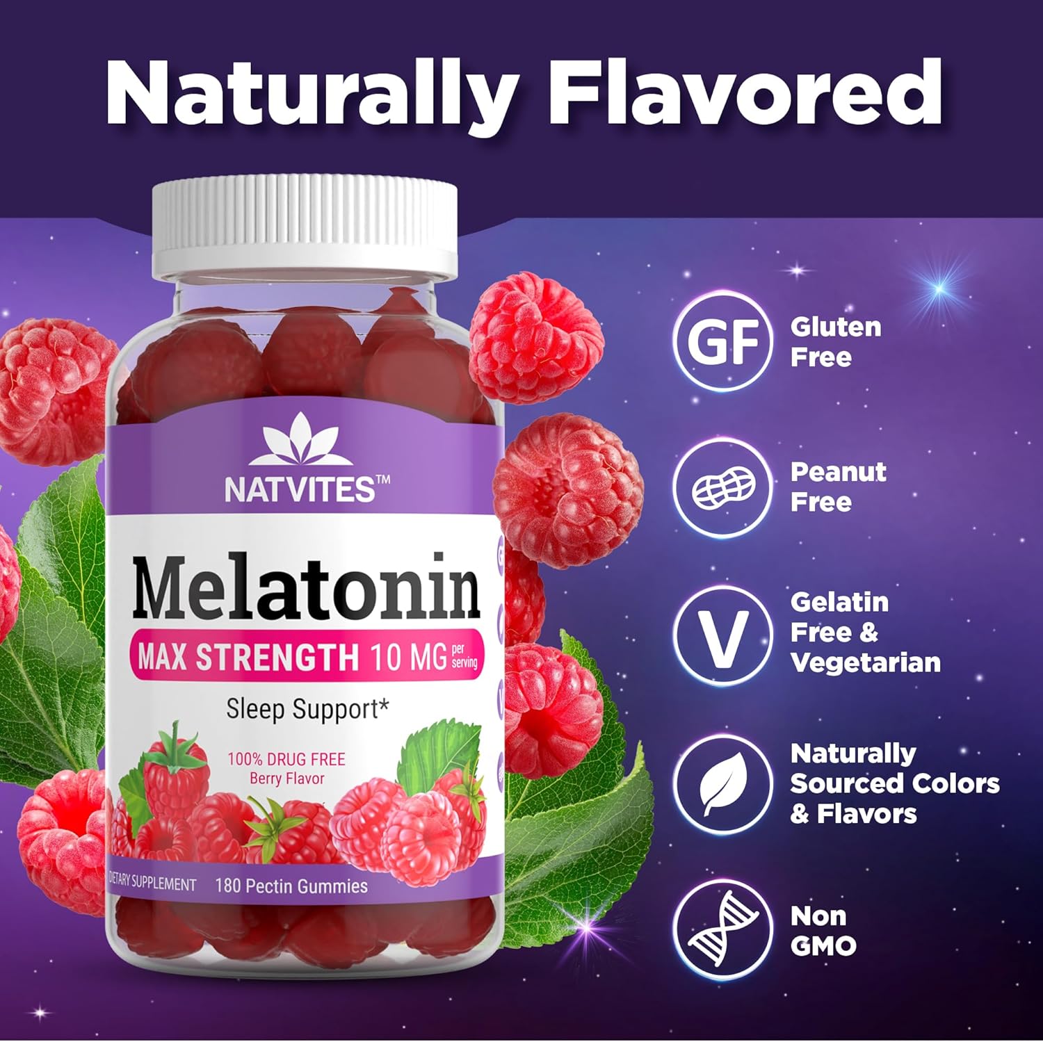 Melatonin Gummies Max Strength 10mg Pectin Gummies, Helps with Sleep Support, Berry Flavor Gummy, 100% Drug Free, 180 Count (Pack of 1) - Image 4