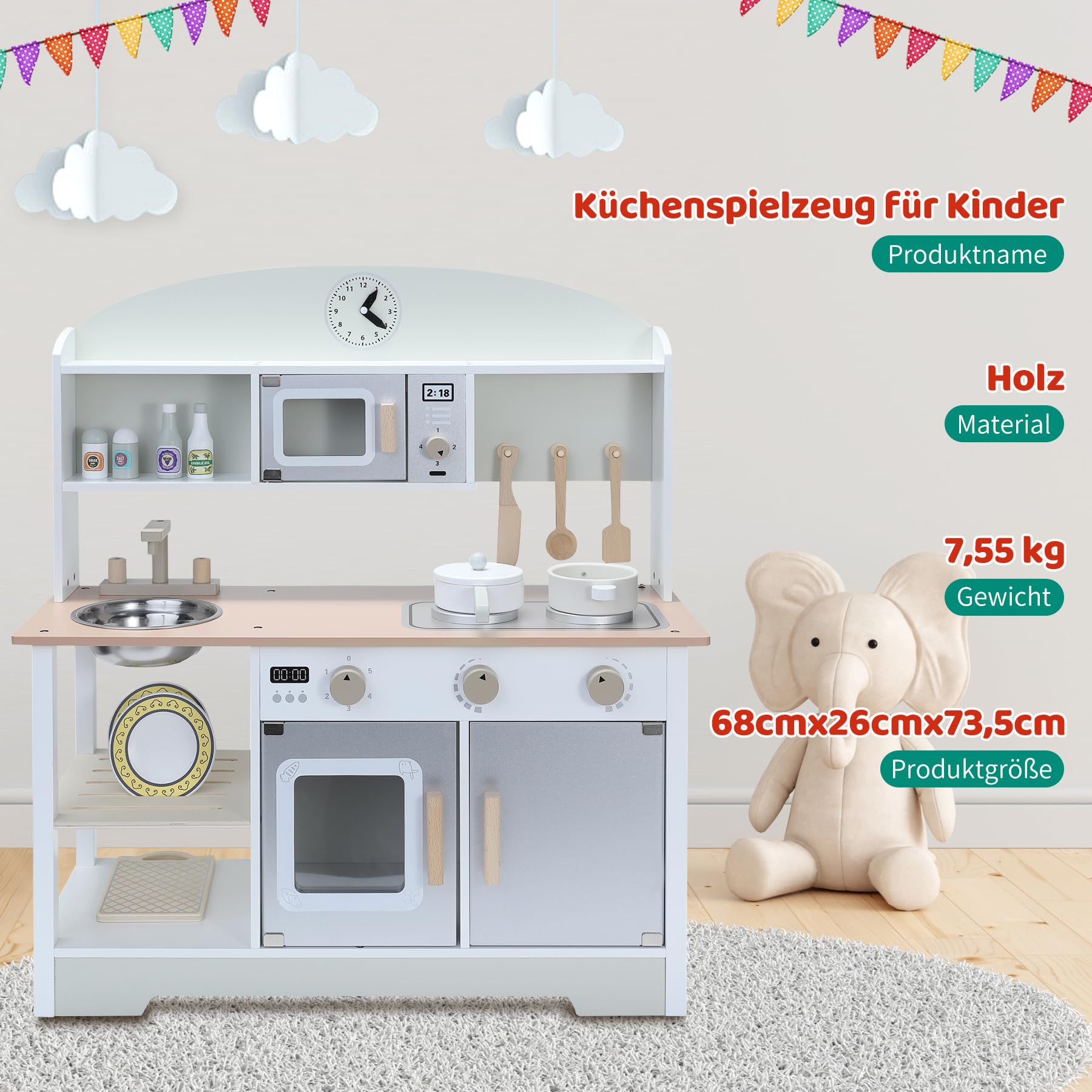Kinderküche aus Holz mit Zubehör, Spielküche für Kinderzimmer, inkl. Herd, Ofen, Mikrowelle, Kühlschrank, Wasserhahn und Kochgeschirr – Kinderküche Holz Spielset für Rollenspiele, Mittelgrau
