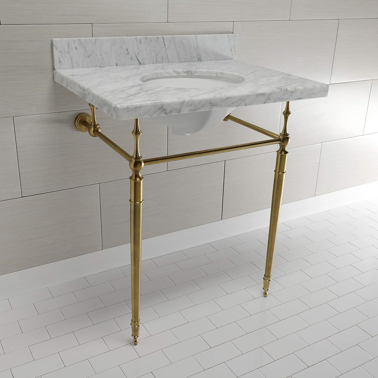 Kingston Brass KVPB3022M87 Edwardian 30" Console Sink with Brass Legs (8-Inch, 3 Hole), Marble White/Brushed Brass
