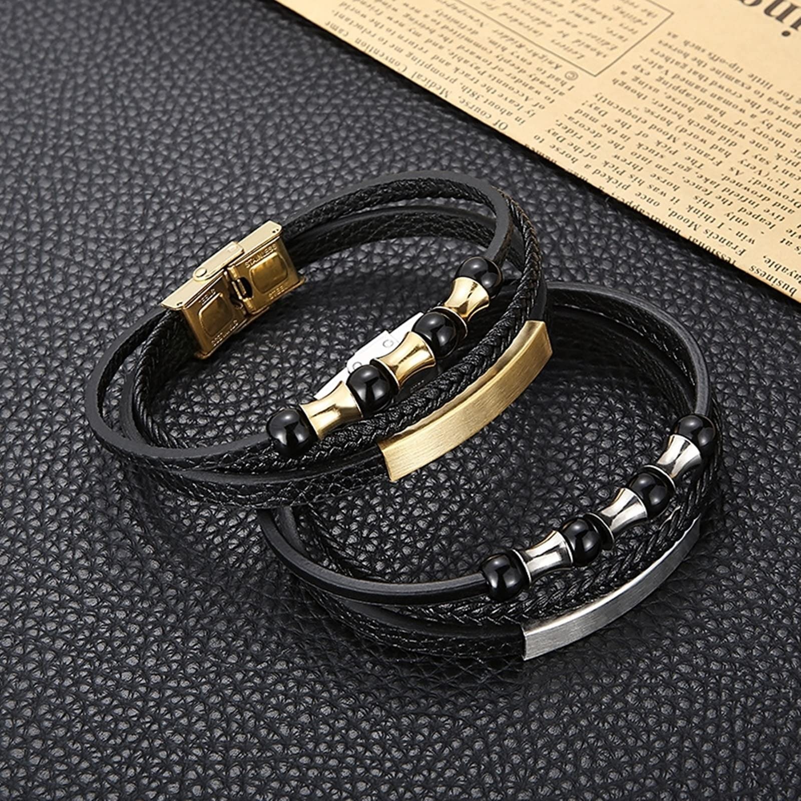 Pulsera de Acero Inoxidable para Hombre, Pulsera de Cuero para Hombre, Pulsera Multicapa con Cuentas Negras, Pulsera de Cadena Punk Fresca de 21 cm de Longitud