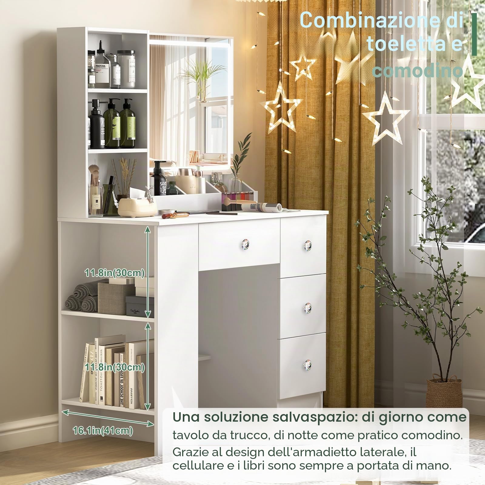 Toeletta, Luce LED con Luminosità Regolabile, Tavolo da Trucco con Specchio 4 Cassetti e Mobile Laterale Postazione Trucco Maniglia Diamante