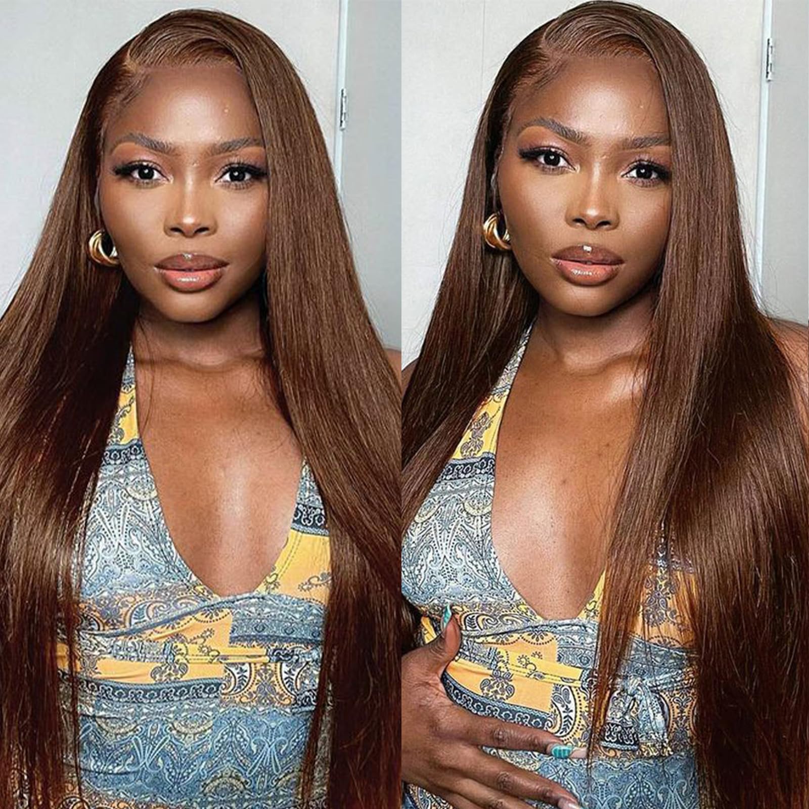 Chocolate Brown Straight Lace Front Wigs Human Hair 180% Density 5x5 HD Transparent Lace Straight Frontal Wigs Human Hair for Women Pre Plucked with Baby Hair 4# 24 inch