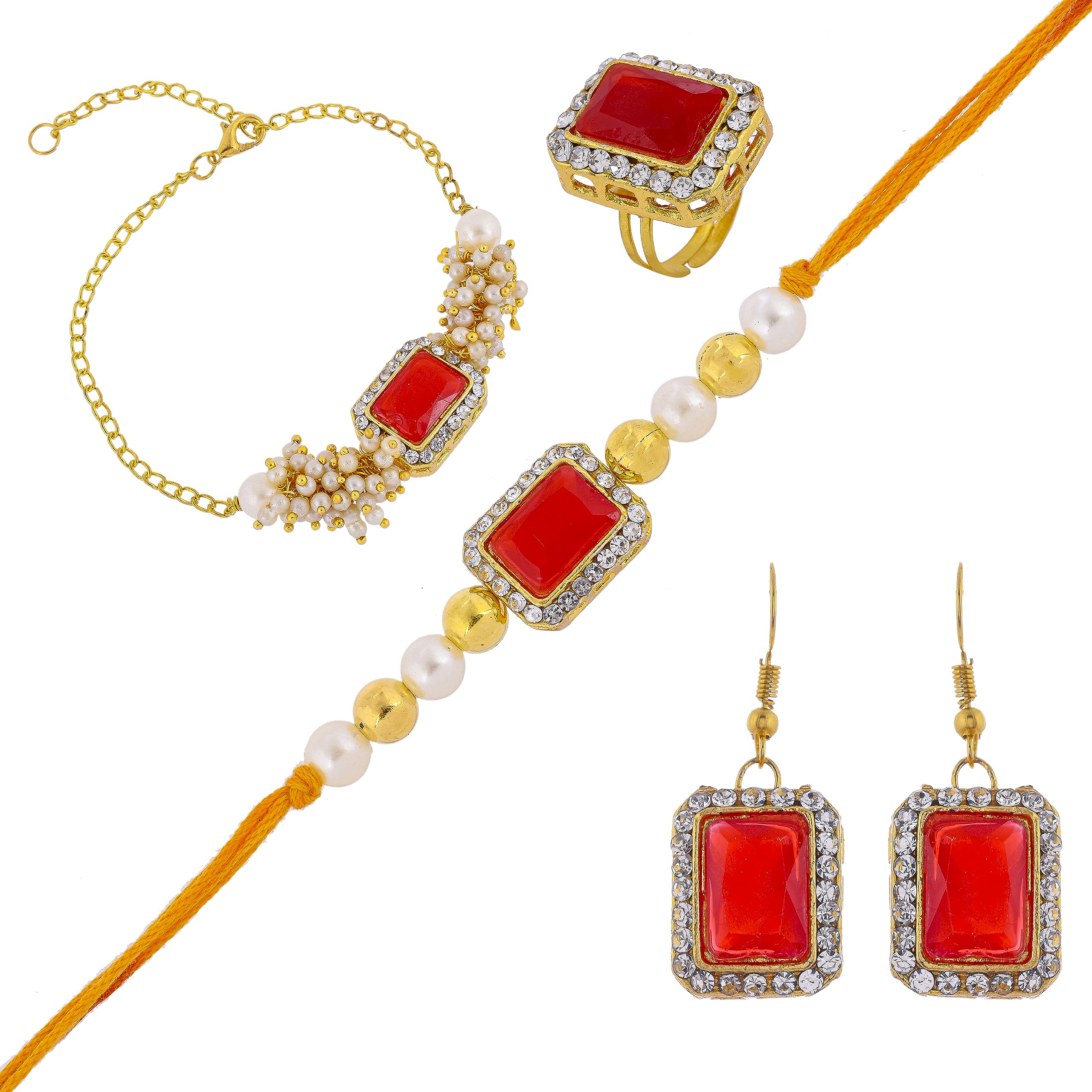 SAUDEEP INDIA RakshaBandhan Gift Hamper for Bhaiya-Bhabhi, Kundan Rakhi Gift Combo Set for Brother/Bhai/Sister, Combo Pack 4 items- Dora Rakhi, Lumba Rakhi, Earings, & Ring (Red) (B0CCRJF9YG) Amazon Price History, Amazon Price Tracker