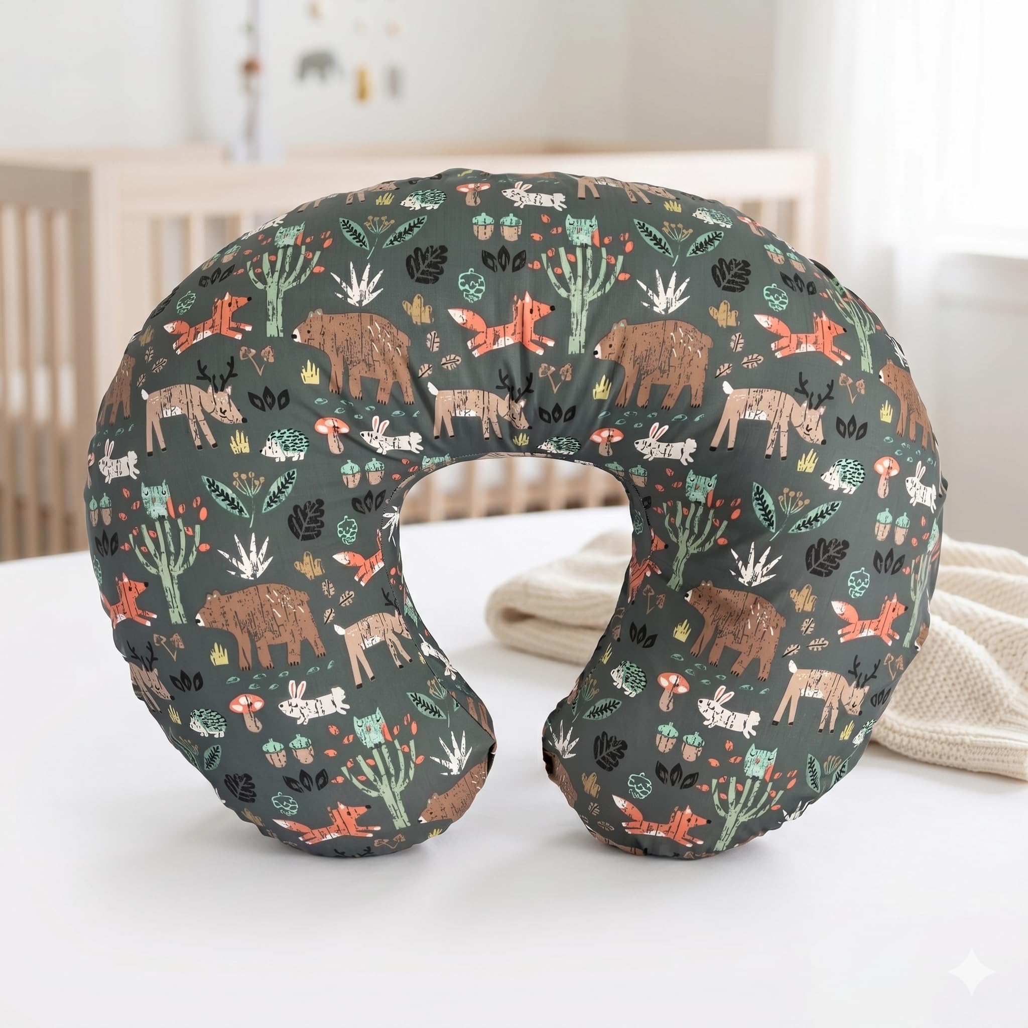 Nursing Pillow for Breastfeeding & Bottle Feeding | Baby Feeding Pillow | C-Shaped Infant Support Pillow | Soft Cotton Cover | Newborn Tummy Time & Positioner Pillow | Gift (Forest)-image-47