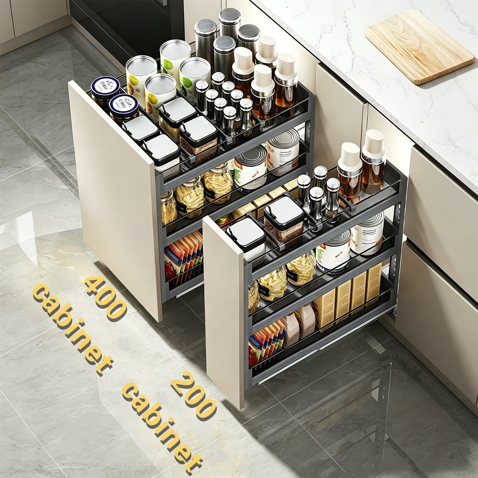 Organizzatore per armadietti stretti a 3 ripiani estraibili, porta spezie scorrevole in metallo resistente, ripiano porta spezie per dispensa, bagno e casa 200