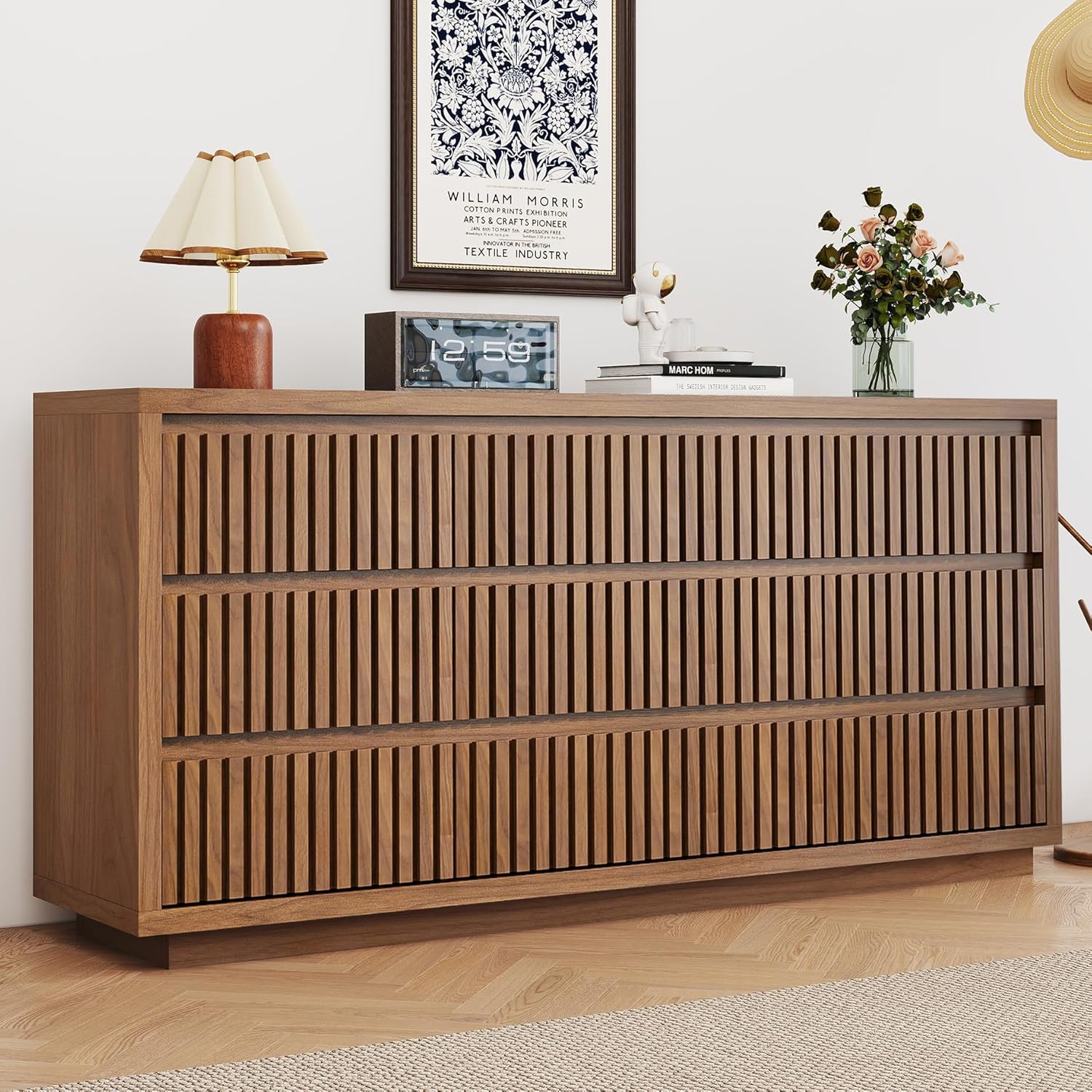 Fluted Long 9 Drawer Dresser, Large Mid Century Dresser for Bedroom, 58" Wide Vintage Chest of Drawers, Wood Closet Clothes Organizer, Walnut TV Stand for Living Room, Wooden, Brown