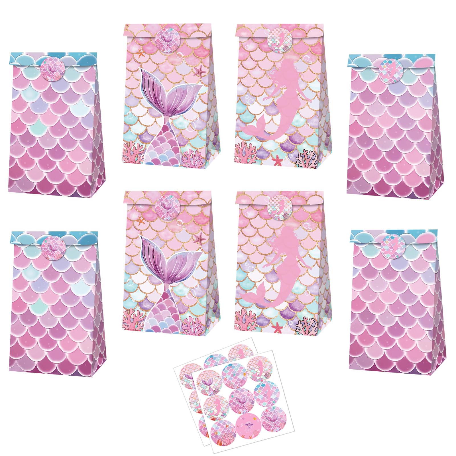 MORAINJAY 12 Pcs Mermaid Party Bags, Pink Purple Mermaid Gift Bags, Under the Sea Theme Favor Goodie Bag, Girls Princess Birthday Party Decorations, with 18 Stickers