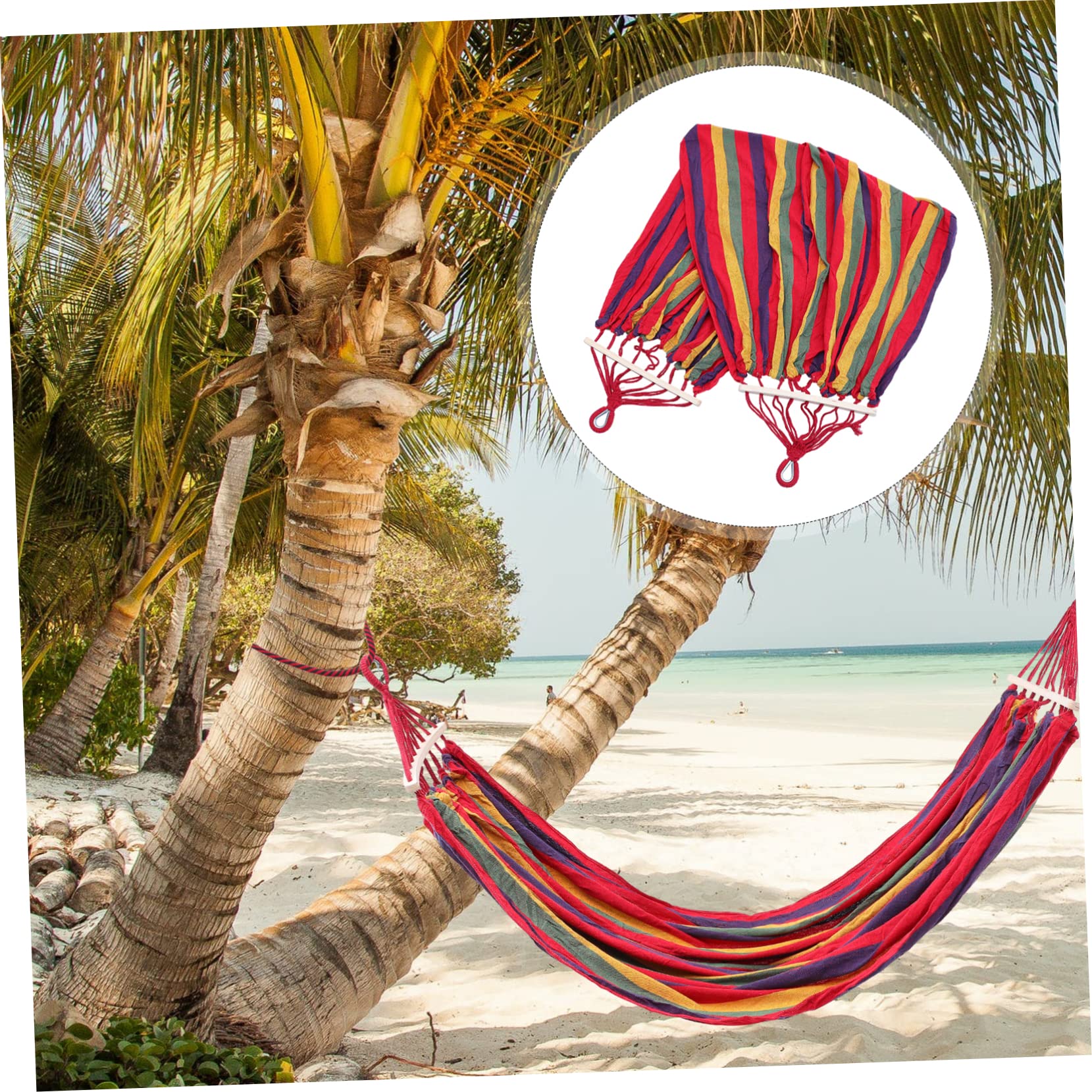 Hamac Double de Camping Rayé en Toile Bois, Portable