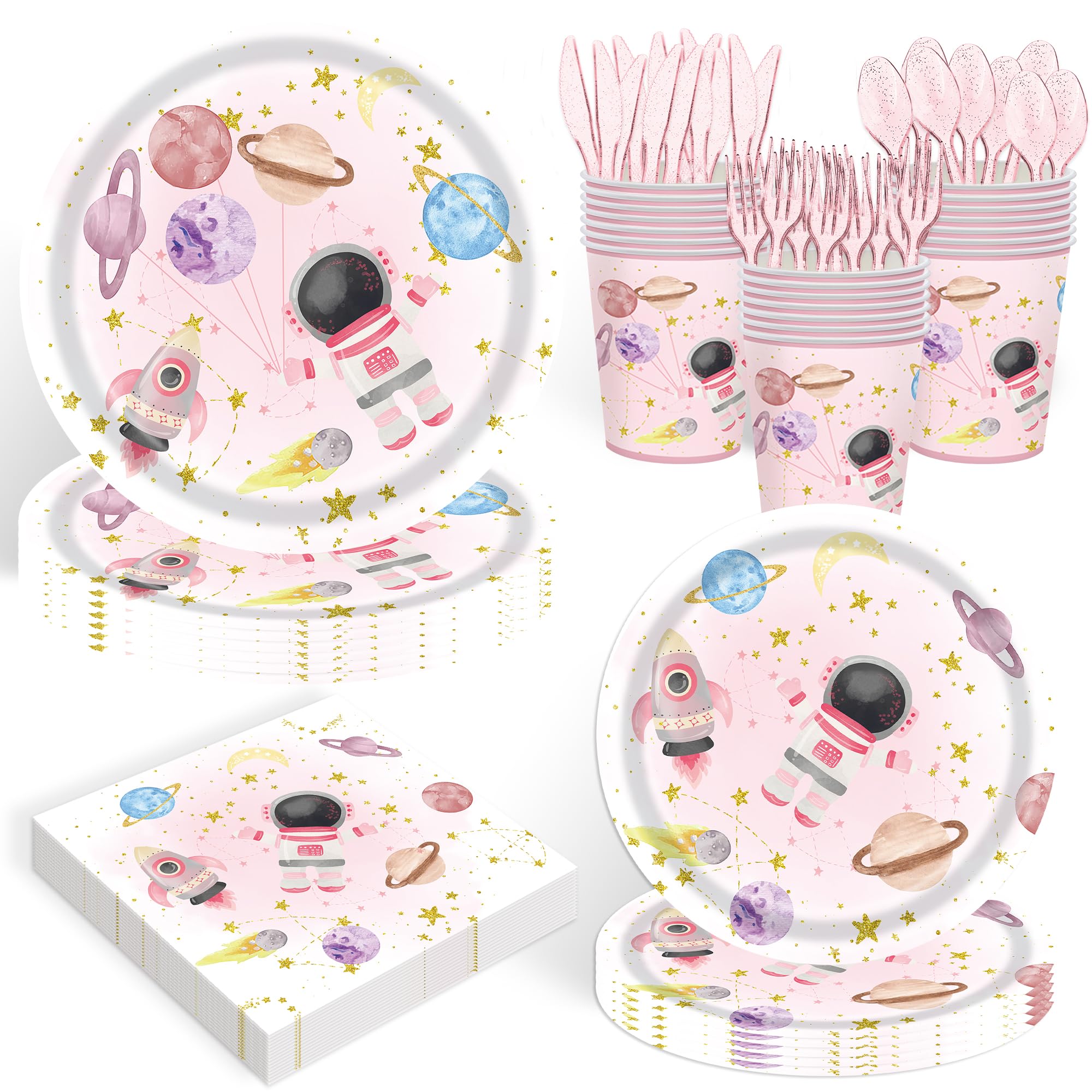 TOYBY Space Birthday Decorations - Pink Outer Space Party Supplies and Tableware Set for 20 Guests - Plates, Napkins, Dinnerware for Baby Shower