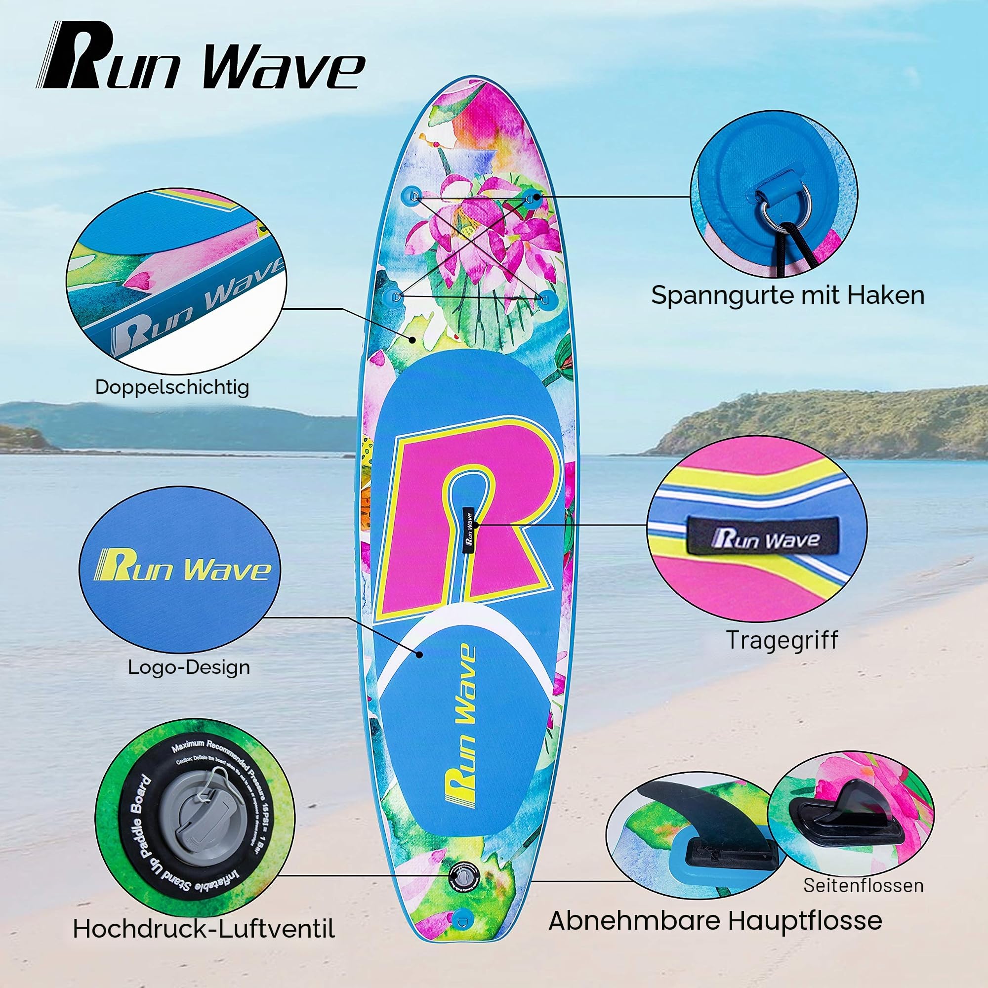 Aufblasbares Stand Up Paddle Board Anti-Rutsch Deck mit Premium SUP Zubeh?r | Breiter Stand, untere Finnen f¡§1r Surfkontrolle | Jugendliche Erwachsene Anf?nger