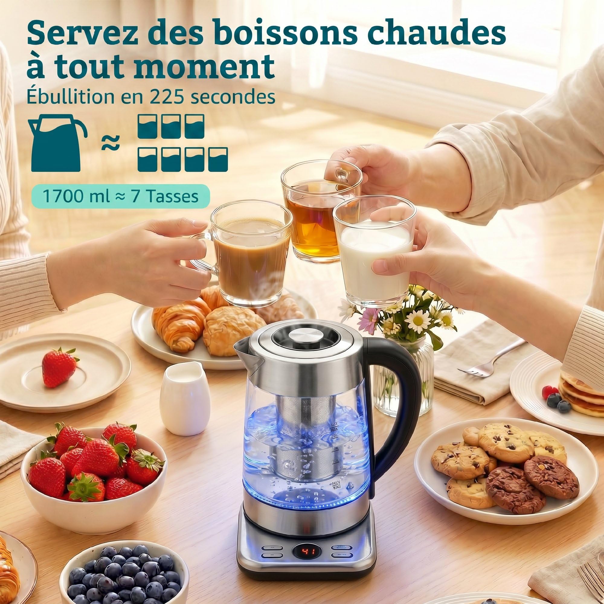 HOMCOM Bouilloire Électrique 1,7L Rapide 2200W Thermostat Strix Argent