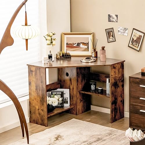 Miniatura 4 de Tangkula Corner Desk, 90 Degrees Triangle Computer Desk for Small Space, Bedroom Makeup Vanity Desk with Storage Shelves & CPU Stand, Space Saving