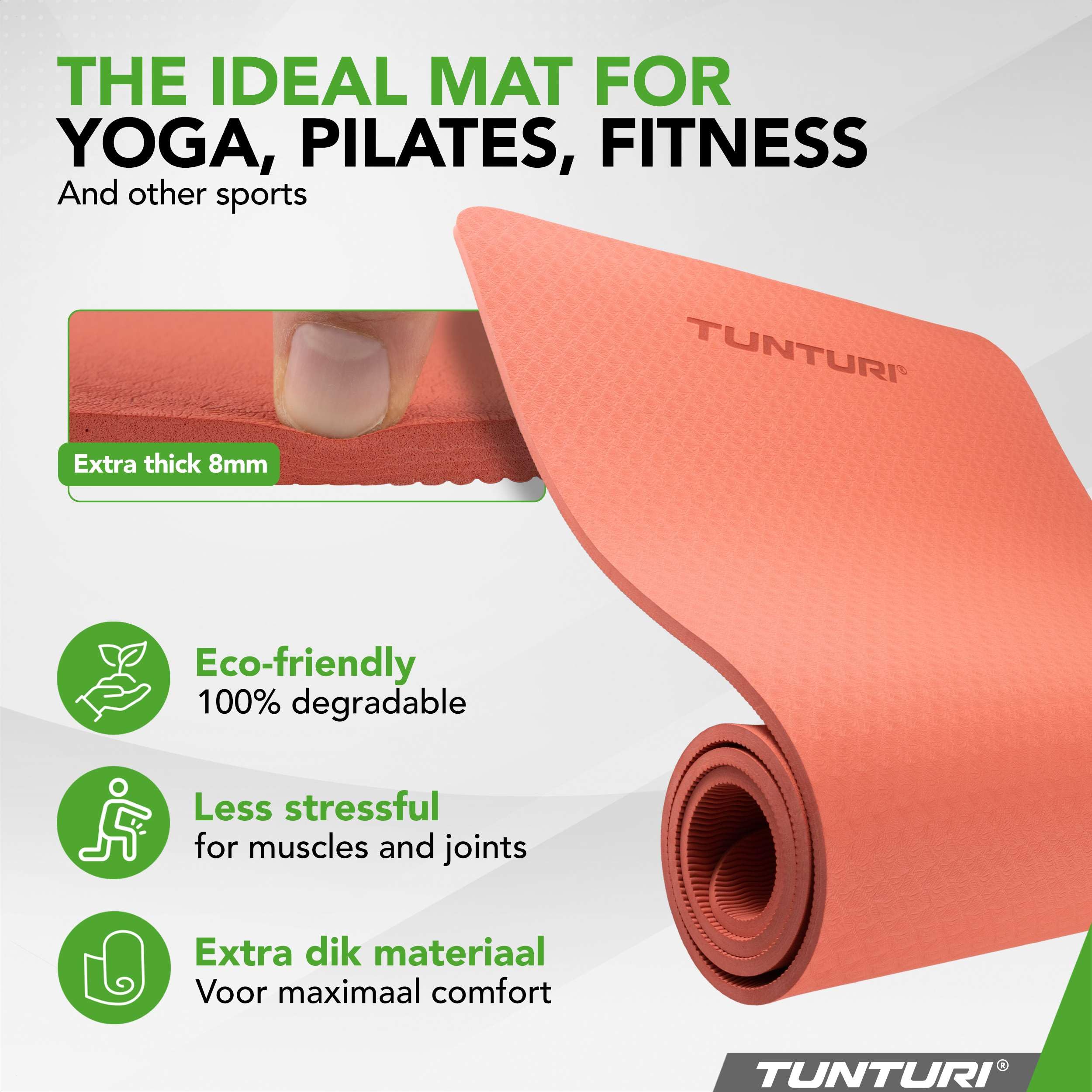 Tunturi Tappetino da yoga spesso 8 mm, antiscivolo, con tracolla, per yoga e pilates, tappetino sportivo, 183 x 61 x 0,8 cm, particolarmente confortevole, oro rosa
