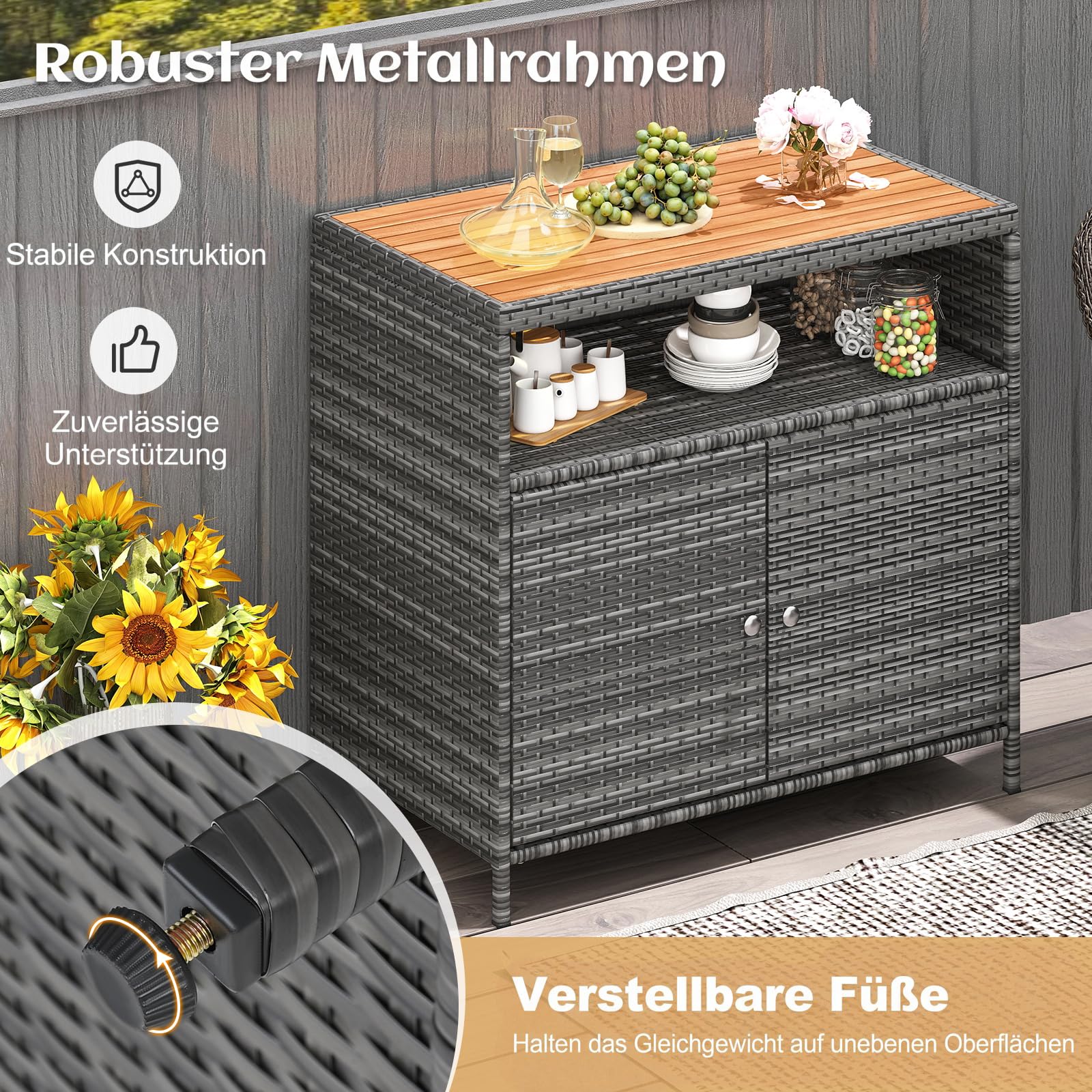 COSTWAY Gartenschrank Rattan Terrassenschrank Akazienholz-Arbeitsplatte Doppeltür Outdoor Aufbewahrungsschrank 90x53x86 cm Grau