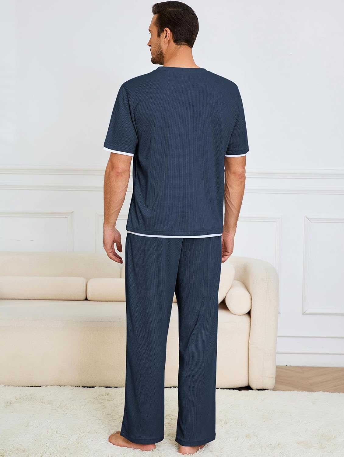 Andeip Mens Pajamas Set Waffle Crew Neck Loungewear Cozy Sleepwear Short Sleeve Top and Long Pants Pj Set with Pockets - Image 5