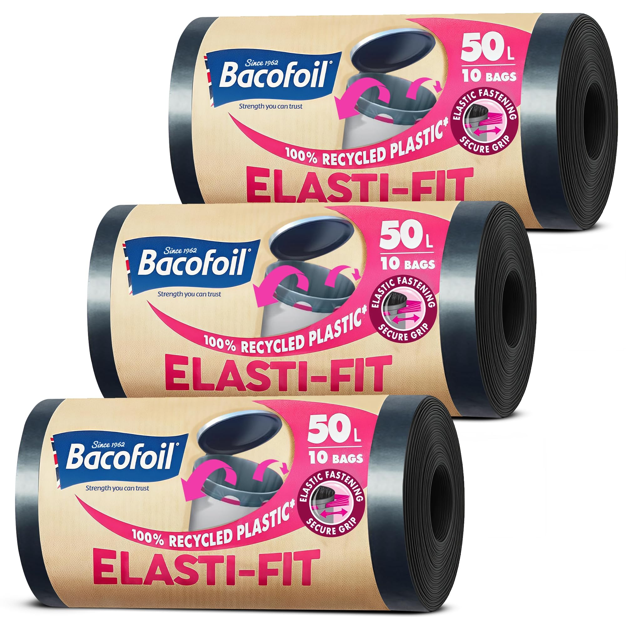 Bacofoil Elasti-Fit Bin Liners - 50L Recycled bin bags, 3 Rolls (30 Bags) - Leak-Proof, Elastic Fastening for Secure Fit - Made from 100% Recycled Plastic - Eco-Friendly Waste Disposal.