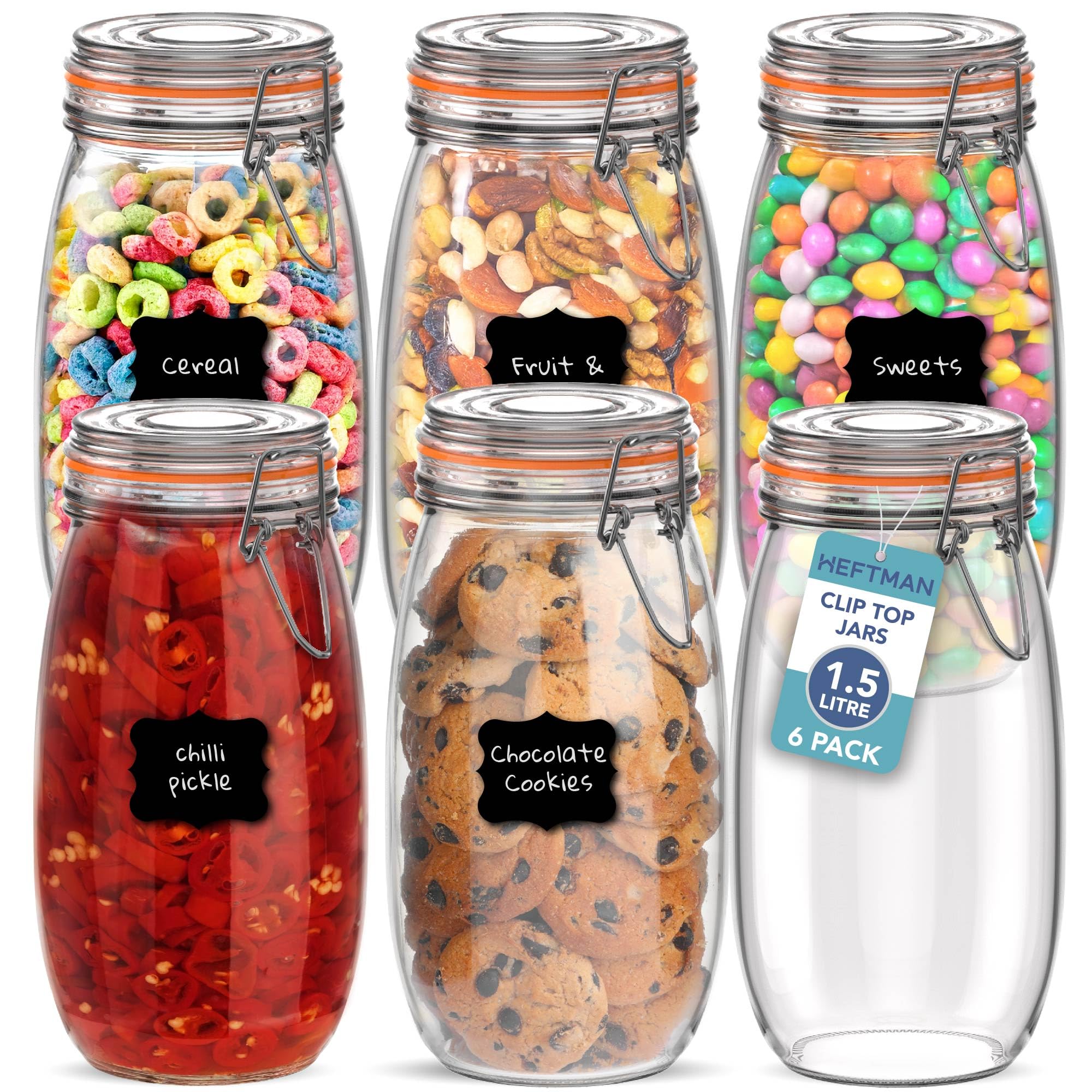 HEFTMAN Clip Top Glass Jars Set of 6-1.5L Airtight Glass Jars with Lids & Silicone Seal for Pasta, Sourdough Starter, Chutney, Pickling, Kitchen Organisation - Empty Food Storage Jar Set (6 Pack)