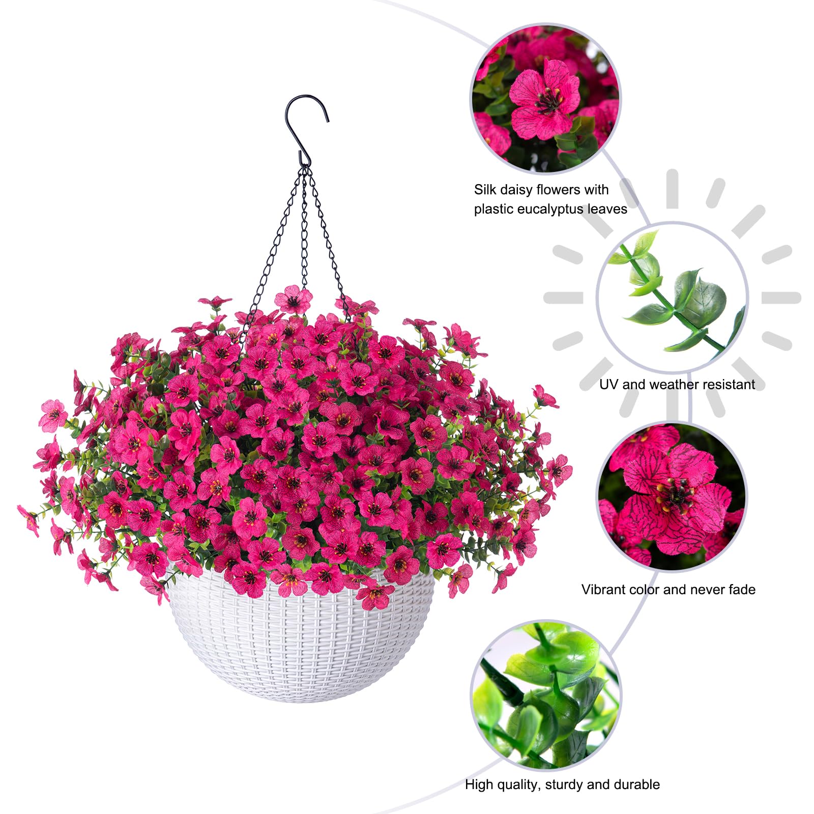 Artificial Fake Hanging Flowers Plants Basket for Outdoor Spring Decoration, Faux Silk Hotpink Daisy Look Real UV Resistant in Pot Planter for Home Outside Porch Patio Balcony Garden