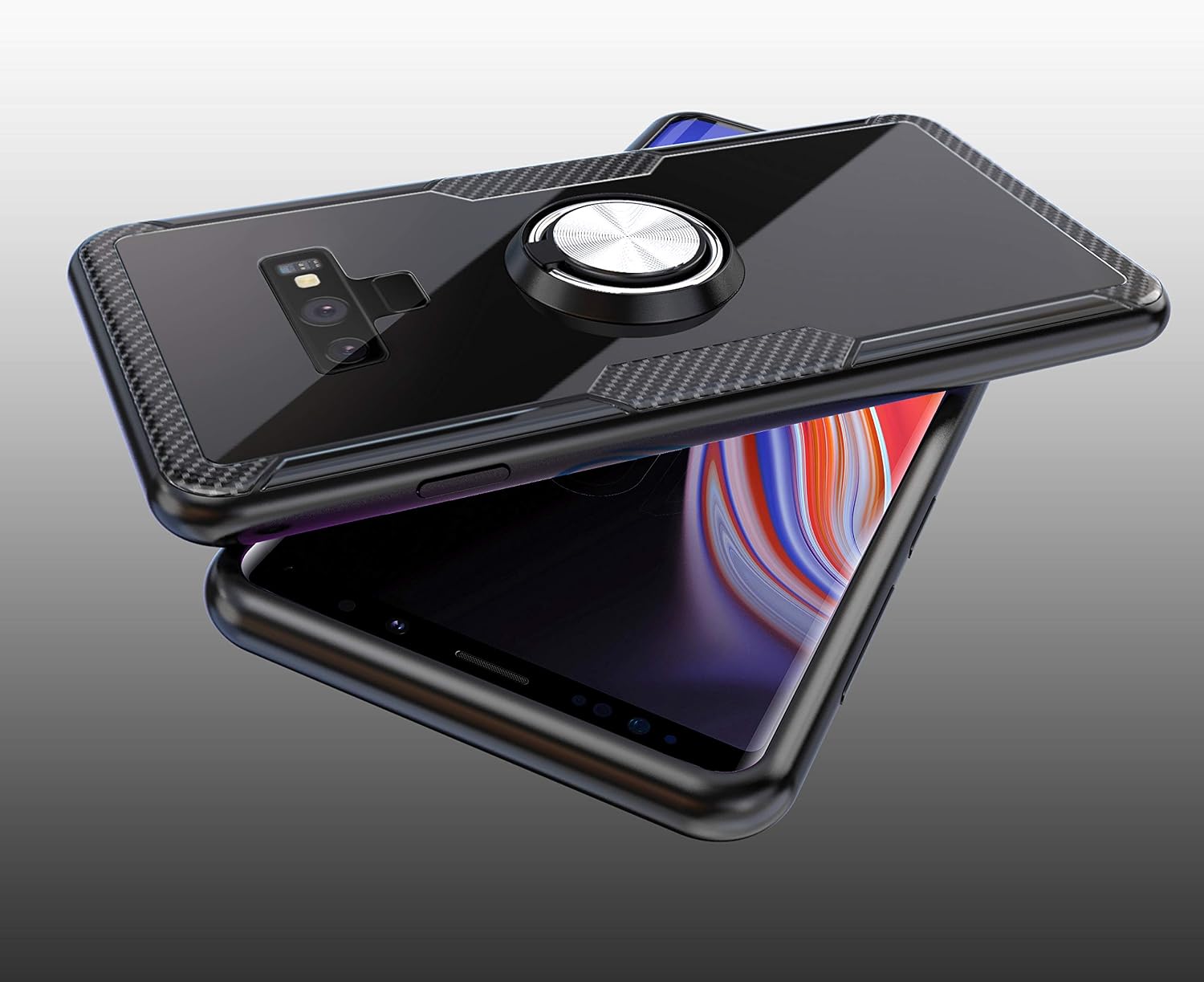 Samsung Galaxy Note 9 Case | Transparent Crystal Clear Cover | Carbon Fiber Trim & Rubber Bumper | 360° Rotating Magnetic Finger Ring | Kickstand | Compatible with Samsung Galaxy Note 9 - Black