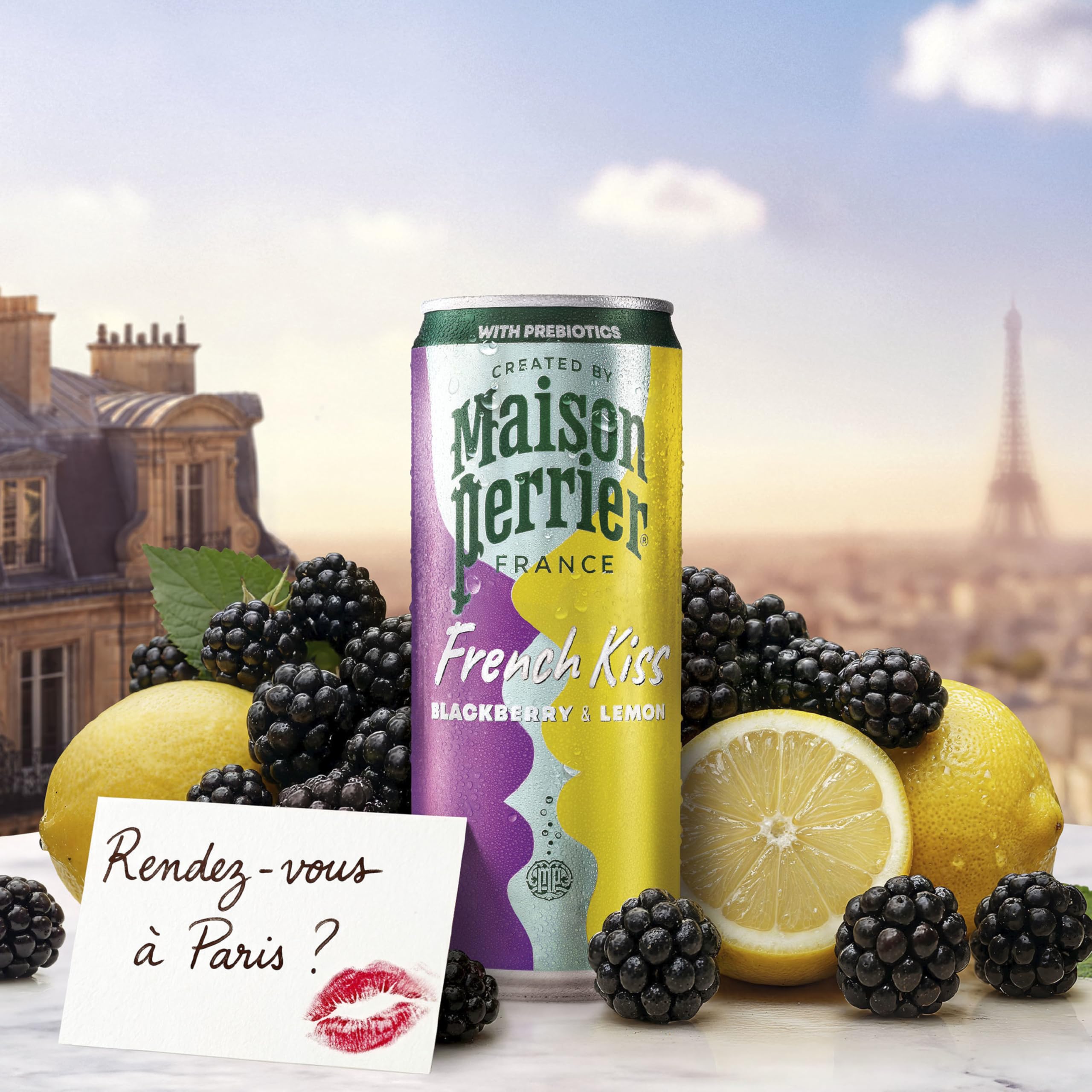 Maison Perrier French Kiss Sweetened Sparkling Juice Beverage, Blackberry & Lemon Flavors With Real Fruit Juices, 24Pk