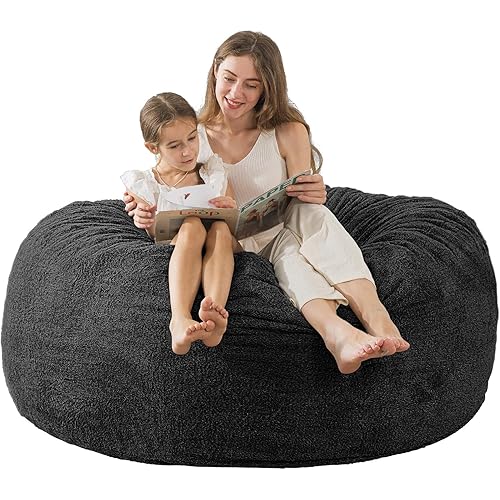 WhatsBedding Bean Bag Chair with Sherpa Cover: 3 ft Memory Foam Bean Bag Chairs for Adults/Teens with Filling,Ultra Soft Faux Fur Fabric, Round Fluffy Lazy Sofa for Living Room,3 Foot,Black