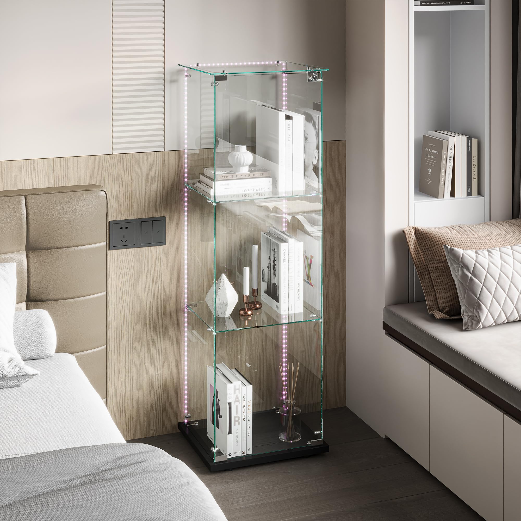 DULRLLY escaparate para colección, vitrina de cristal con LED y cerradura, armario de colección moderno con 3 estantes y 2 puertas, transparente armadura escaparate (negro+tira LED, 3 pisos+1 puerta)